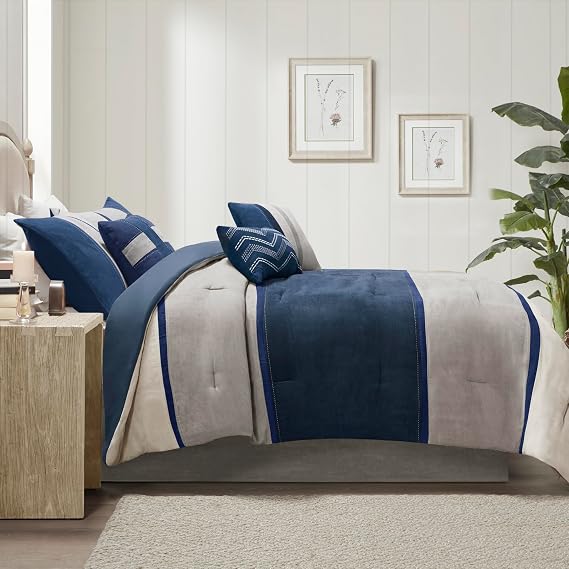Madison Park Palisades Comforter Set Modern Faux Suede Pieced Stripe Design, All Season Down Alternative Cozy Bedding with Matching Shams, Decorative Pillows, Queen(90x90), Multicolor, 7pcs