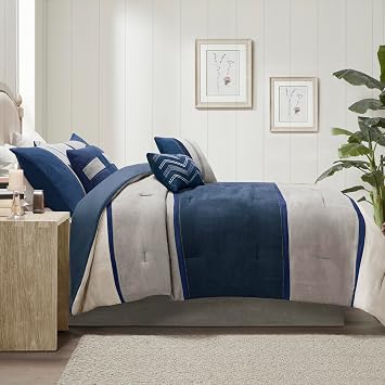 Madison Park Palisades Comforter Set Modern Faux Suede Pieced Stripe Design, All Season Down Alternative Cozy Bedding with Matching Shams, Decorative Pillows, Queen(90x90), Multicolor, 7pcs