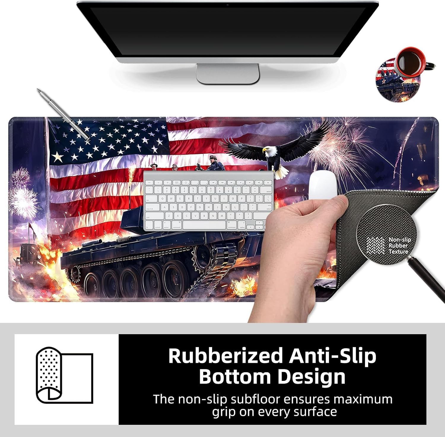 Large Desk Mat with Stitched Edges, War Tank Flag Office Desk Pad, Anime Gaming Mouse Pad, Extended Keyboard and Mouse Mat,35.4x15.7 inch Waterproof Desk Writing Pad for Office and Home