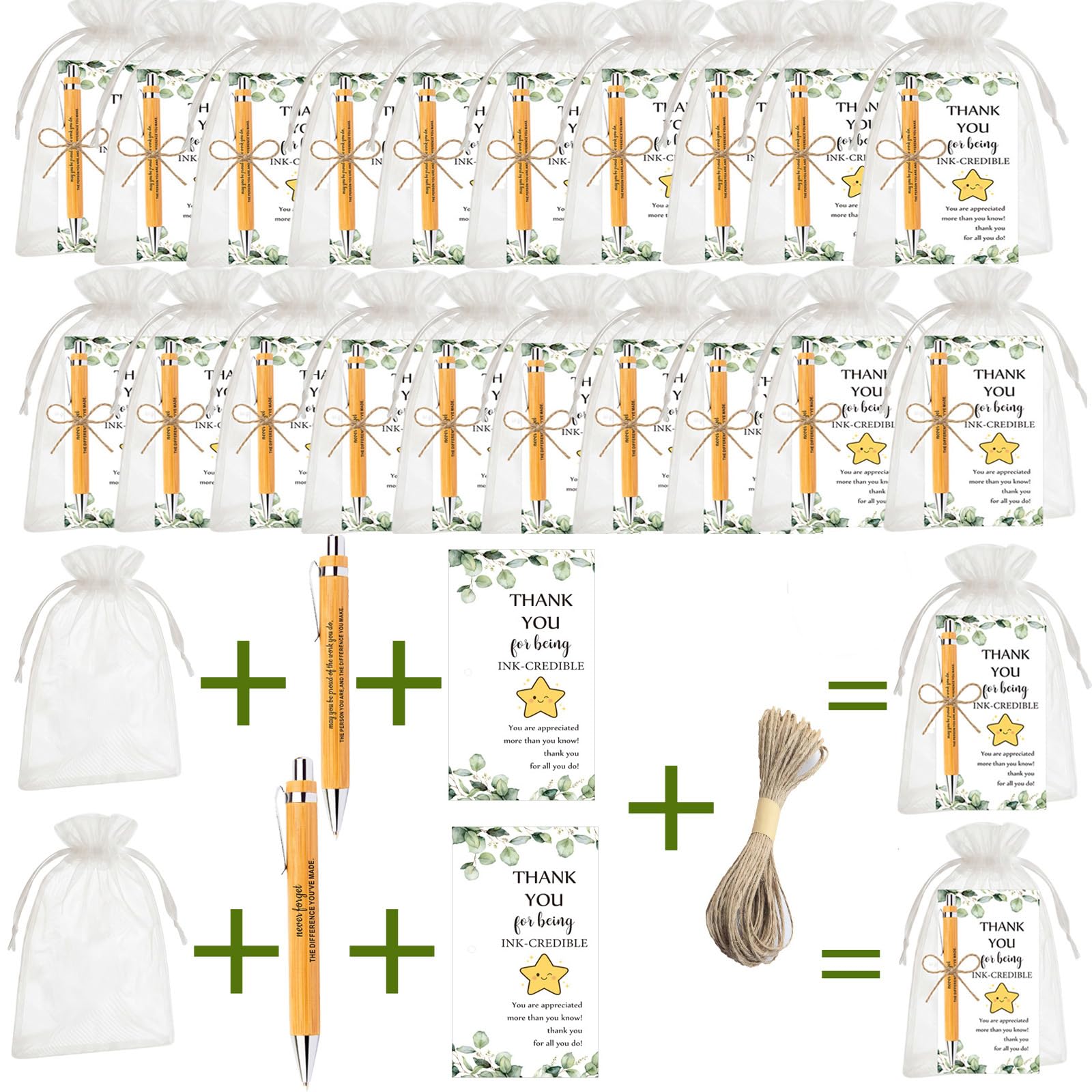 Kideerly 20 Sets Thank You Gift Motivational Pens Employee Appreciation Gifts Inspirational Bamboo Ballpoint Pens With Thank You Cards Organza Bags for Colleagues Teacher Christmas Thank You Gifts