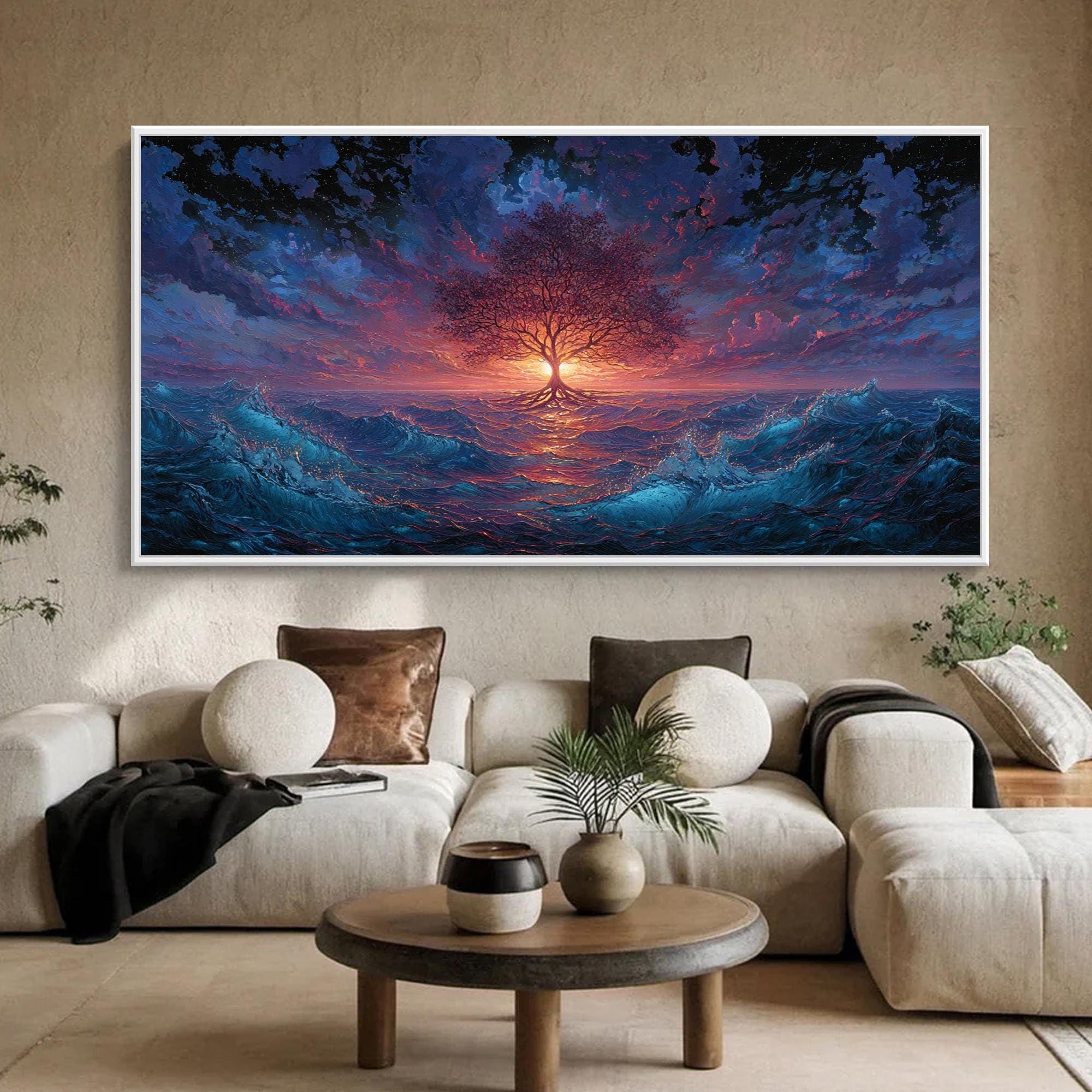 LMYCHENG Pintura al óleo de un árbol en el océano, imágenes abstractas de un amanecer, arte mural de paisajes, obra de arte en lienzo de estilo nórdico (80x160cm/marco interno)