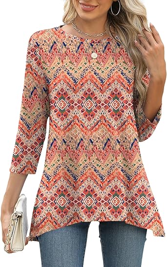 LOMON 3/4 Sleeve Tunic Tops for Women Loose Fit Dressy Casual Blouse Flowy Shirts to Wear with Leggings S-3XL
