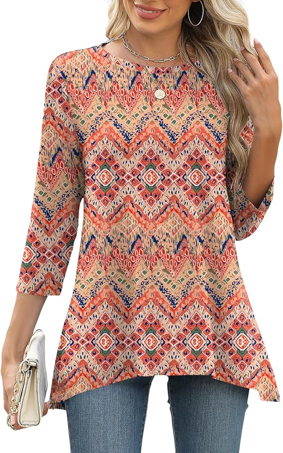 LOMON 3/4 Sleeve Tunic Tops for Women Loose Fit Dressy Casual Blouse Flowy Shirts to Wear with Leggings S-3XL