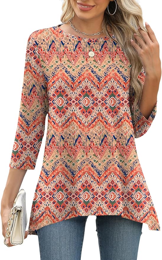 LOMON 3/4 Sleeve Tunic Tops for Women Loose Fit Dressy Casual Blouse Flowy Shirts to Wear with Leggings S-3XL