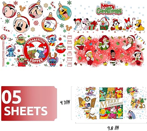 Miniatura 5 de Envoltura de copa de Navidad con protección UV DTF para vidrio, 16 onzas, 5 hojas uvdtf, calcomanías de tazas de vidrio para transferencia para