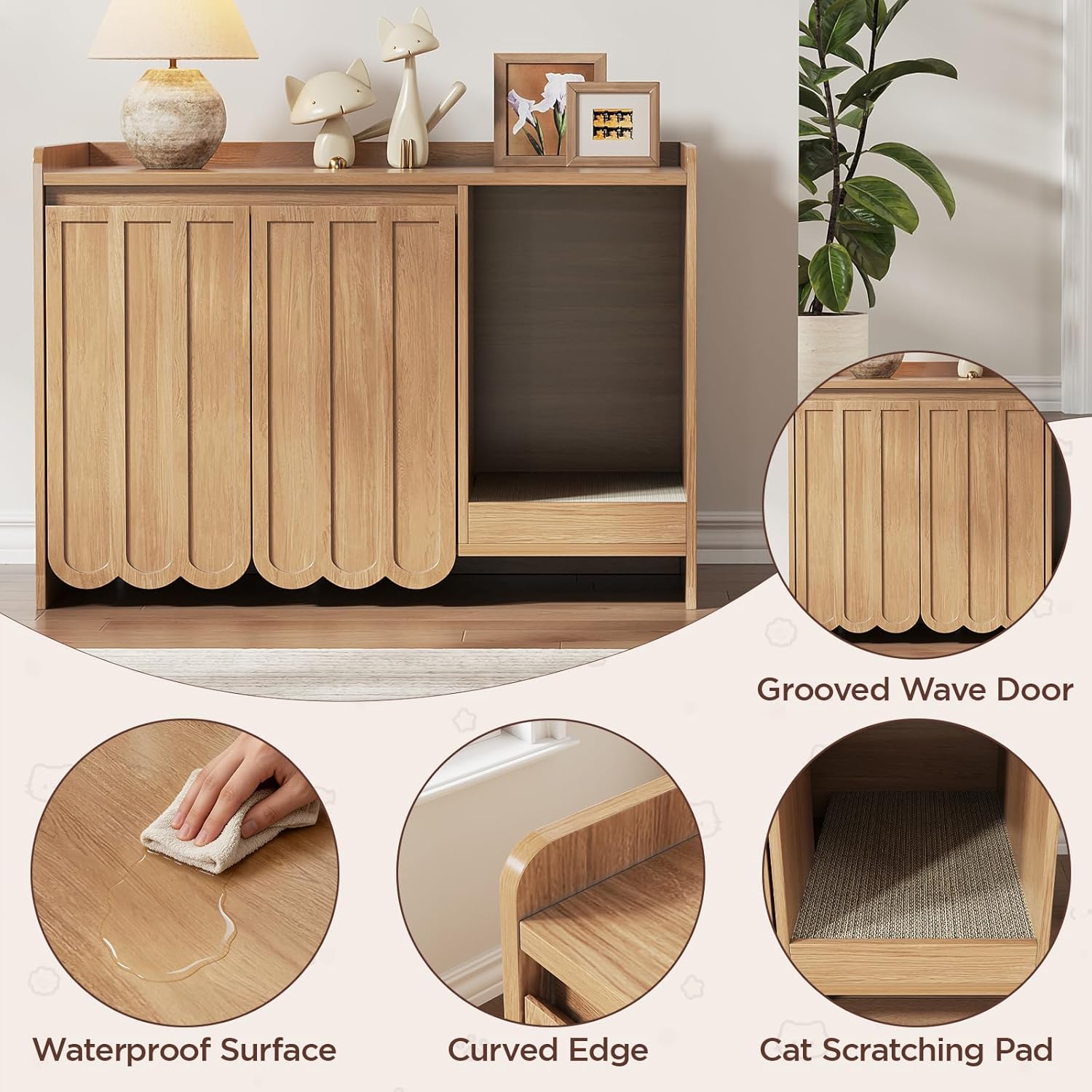 Cat Litter Box Enclosure with Scratch Pad, Hidden Litter Box with Soft-Close Hinges, Modern Fluted Cat Litter Box Furniture, Dog Proof Litter Box Cabinet, Side Table, Natural