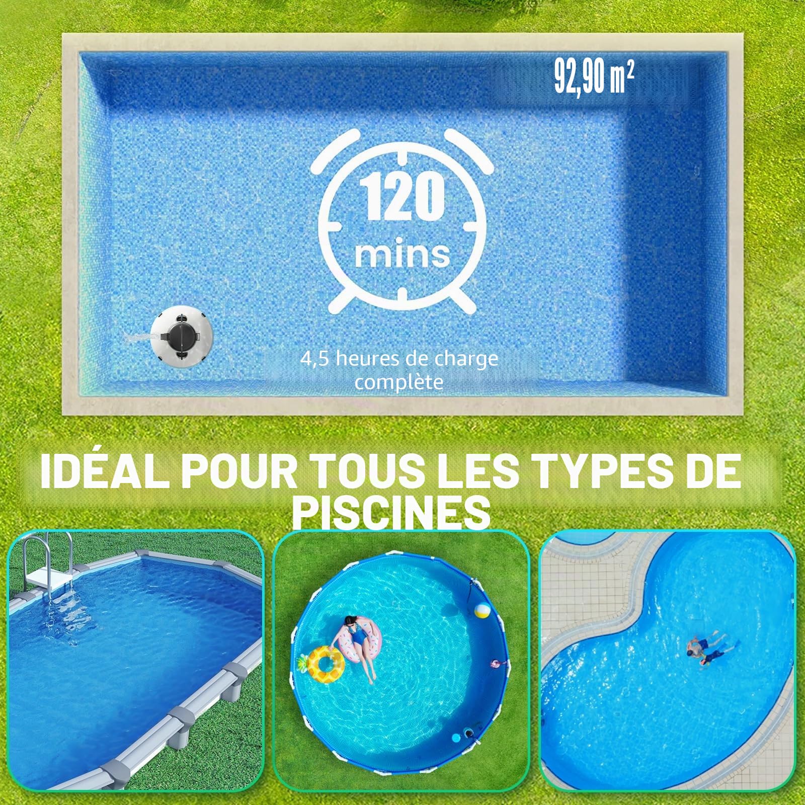 2026 Robot aspirateur de Piscine sans Fil pour Piscine Hors Sol 120 Minutes d'autonomie, Nettoyeur de Piscine Automatique pour Piscine creusée jusqu'à 1000 Pieds carrés Robot de Piscine autoparquant