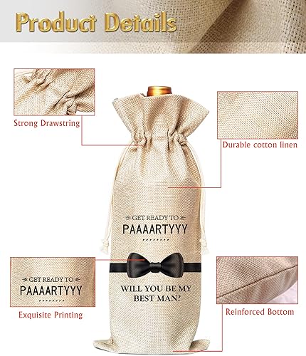 Miniatura 3 de Muruseni Best Man Proposal Gifts - Bolsas para botellas de vino, Will You Be My Best Man, bolsas de vino de lino de algodón con cordón (1 unidad)