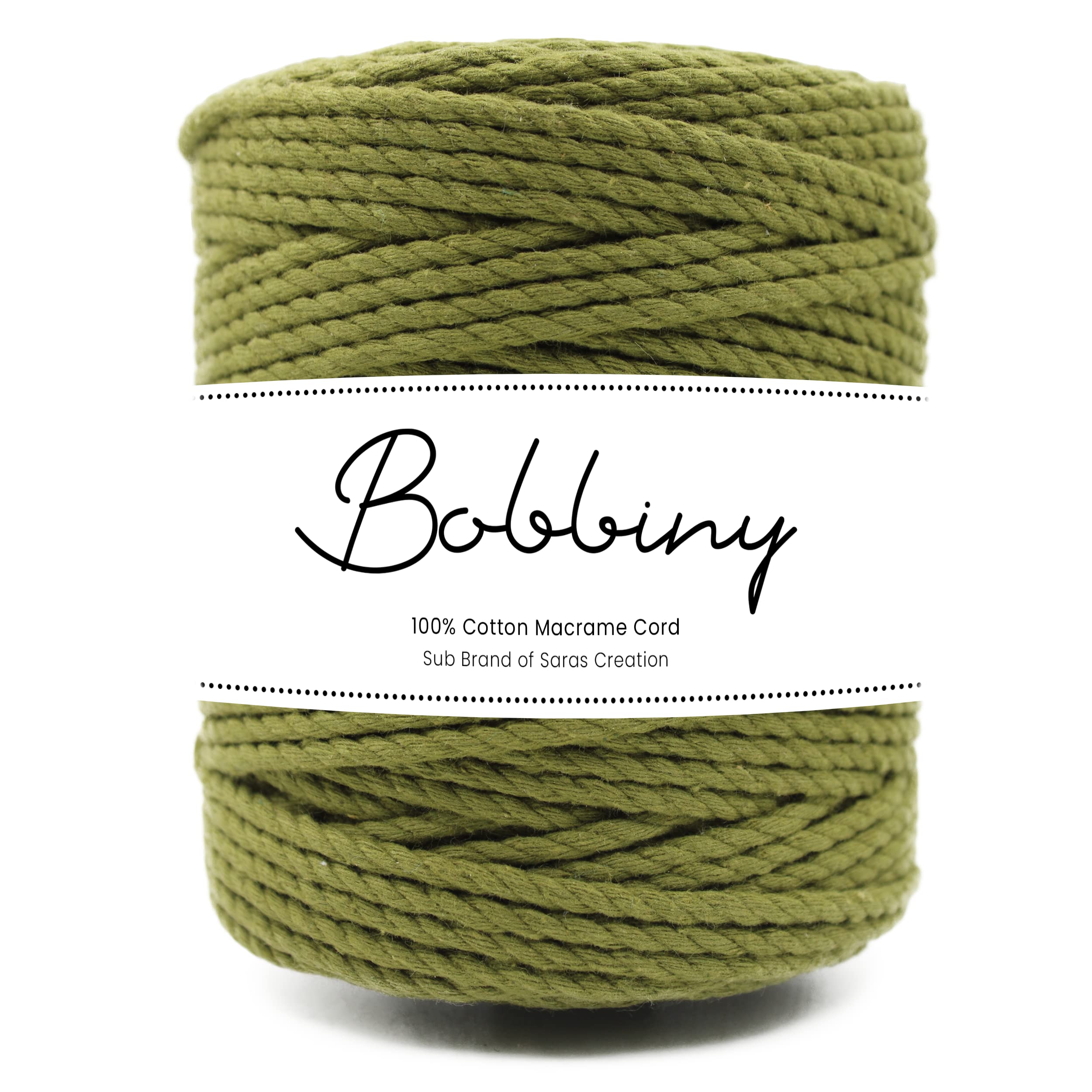 Bobbiny | 3 Ply Twisted Macrame Cotton Cord Dori (Roll Packaging) Thread for Macrame DIY and Other Projects | Mehandi Green | 4mm,100 Meter