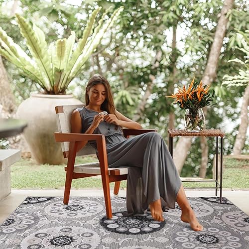 Miniatura 5 de CAMILSON Alfombra de interiorexterior de 8 x 10 pies, diseño de medallón bohemio, para patios interiores y exteriores, fácil limpieza, no desprende