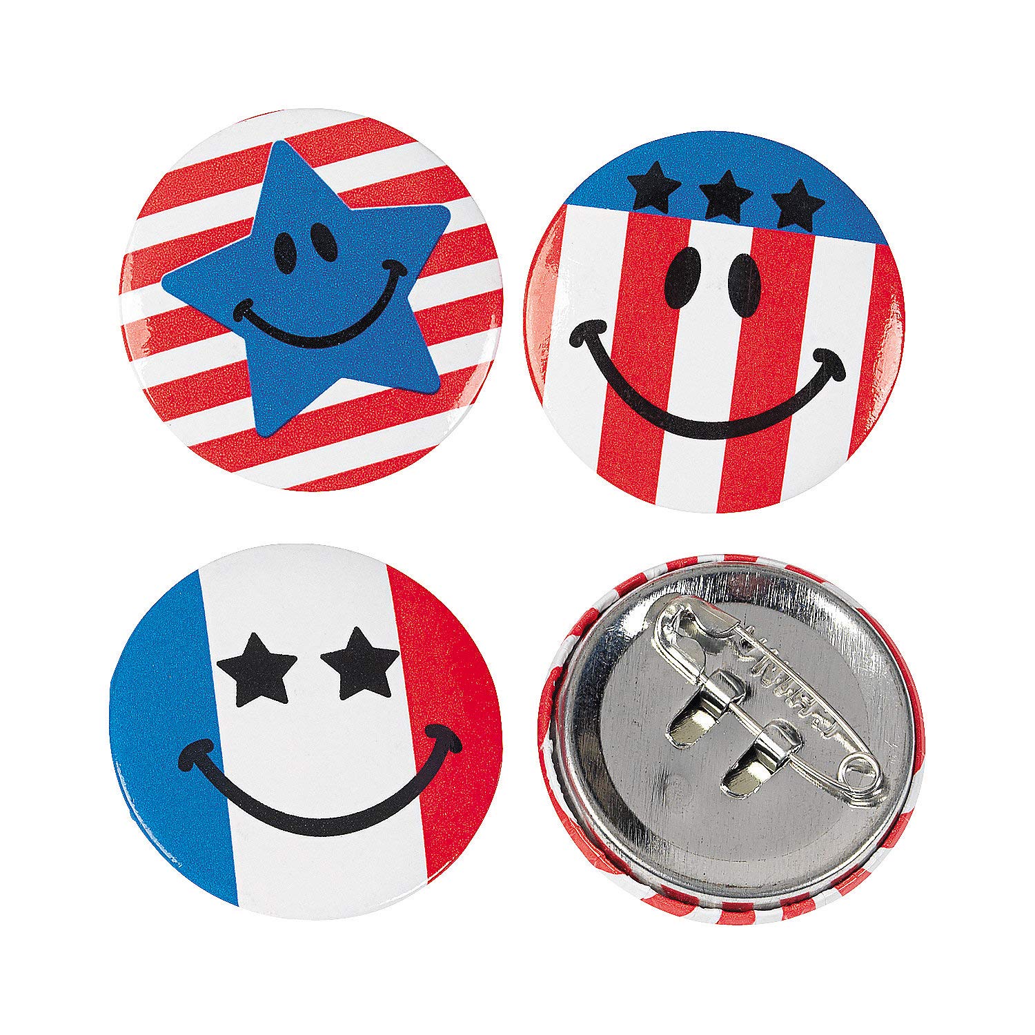 Fun Express - Patriotic Smile Face Mini Buttons for Fourth of July - Jewelry - Pins - Novelty Buttons - Fourth of July - 48 Pieces
