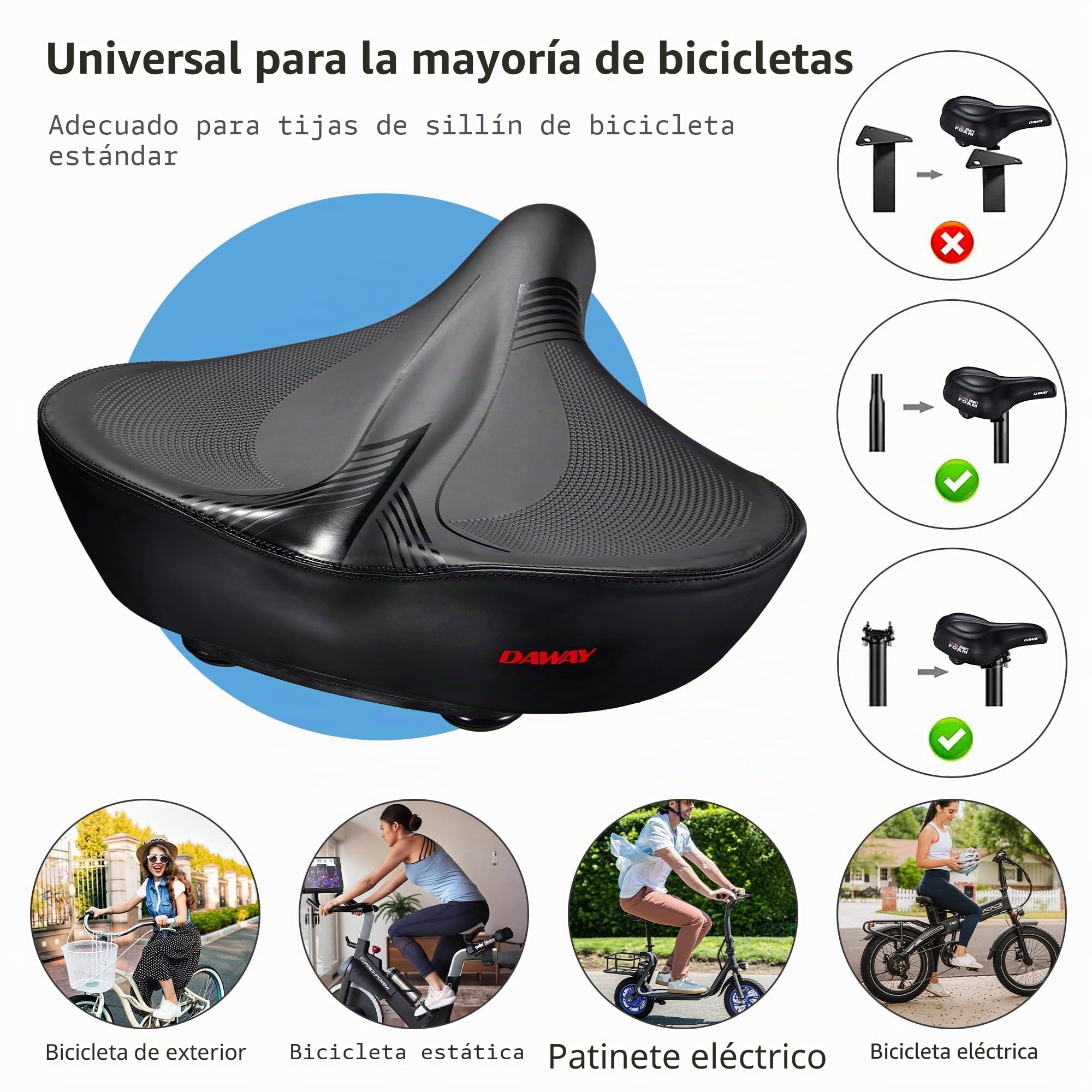 DAWAY W60 - Asiento de Bicicleta Extra Ancho, sillín de Espuma viscoelástica Ultra cómodo para Paseos en Interiores y Exteriores, ergonómico, con amortiguadores, Ajuste Universal para Peloton,