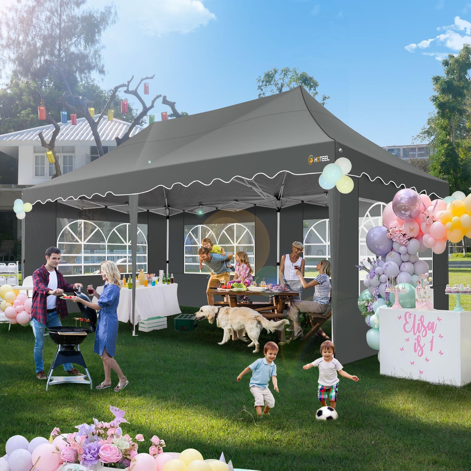 HOTEEL 3x6m Pop Up Pavillon Wasserdicht mit 6 Abnehmbaren Seitenwä Stabi lNden, Wellensaumdach Uv Anti 50+ Faltpavillon mit Radtasche und 4 SandsäCken, für Hochzeit, Party, Picknick, Markt (Grau)