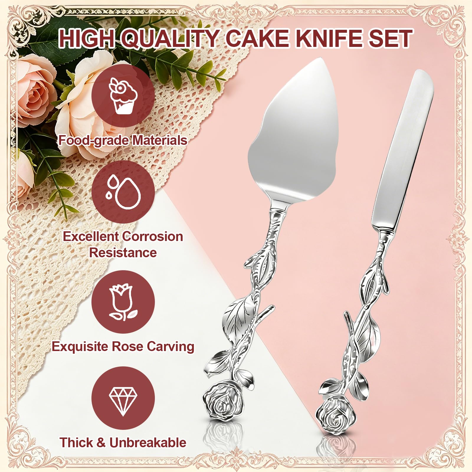 Vintage Rose Cake Knife & Server Set - Wedding Decor -4