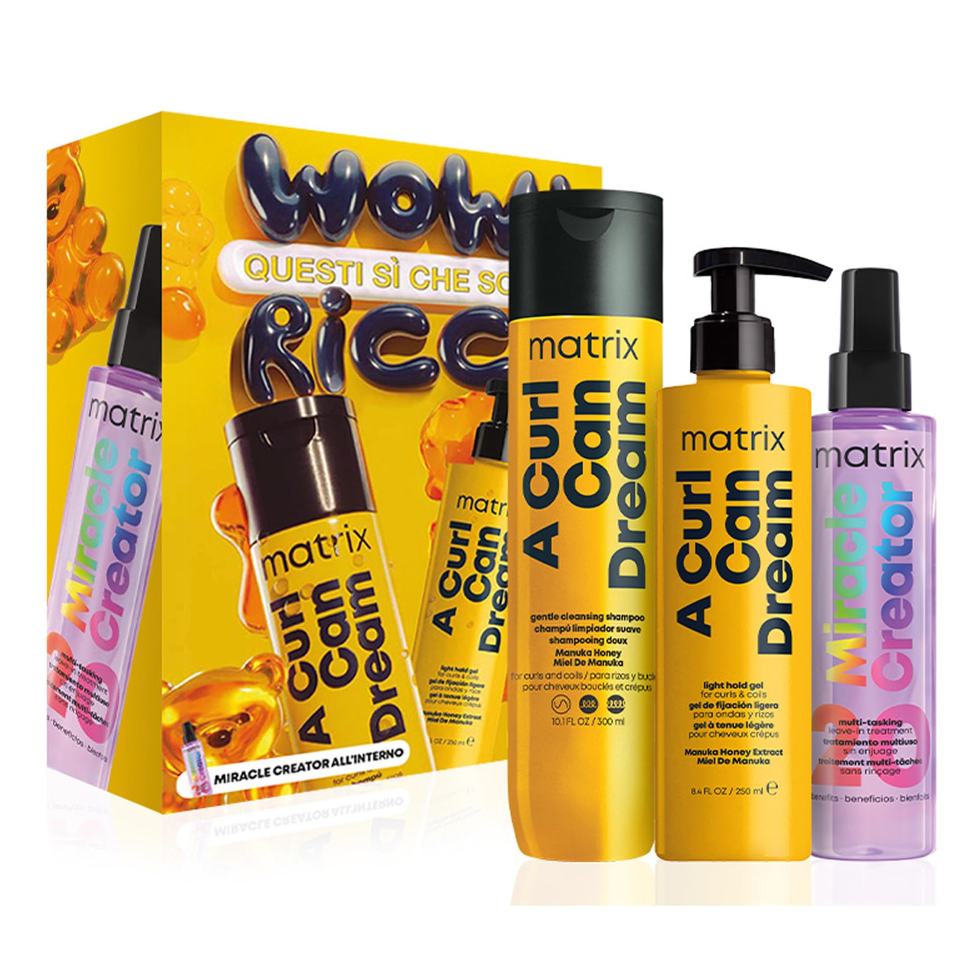 Matrix, Cofanetto Regalo, Shampoo + Gel + Spray Termoprotettore, Per Capelli Ricci e Mossi, Capelli Definiti Senza Appesantire, Con Miele di Manuka, A Curl Can Dream, 300 ml + 250 ml + 190 ml