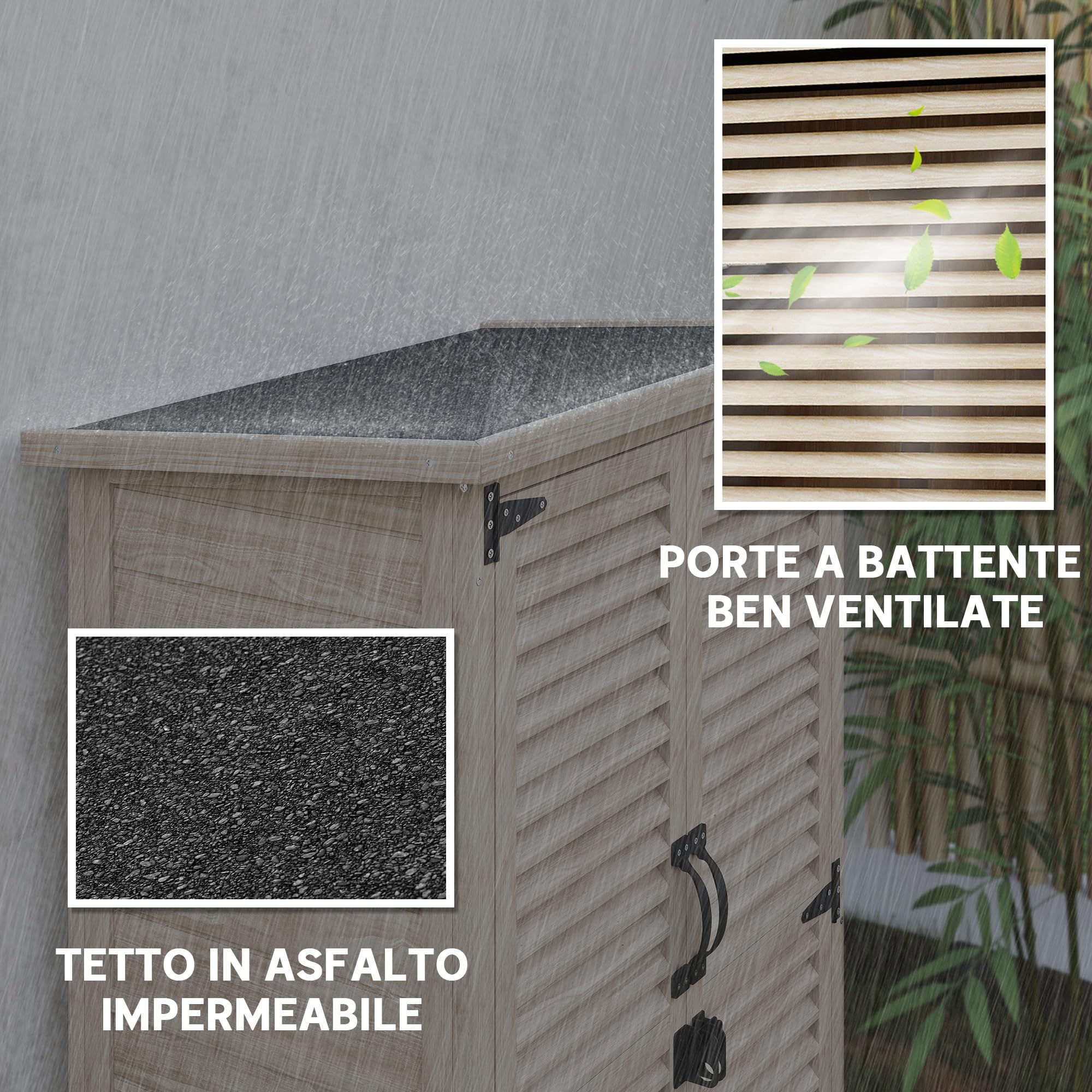 Outsunny Armadio da Esterno Portaoggetti a 2 Ripiani con Picchetti e Tetto Inclinato, Casetta da Giardino in Legno di Abete, 75x50x111/118 cm, Color Legno