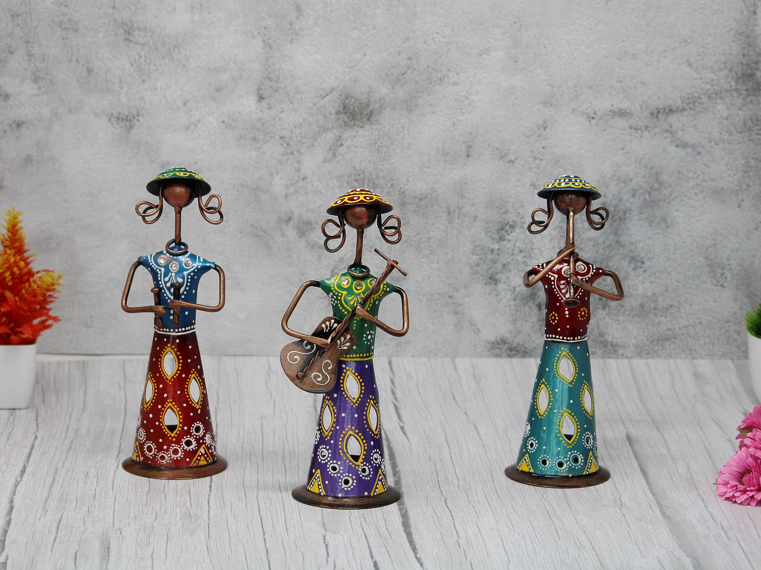 JH Gallery Handmade Handpainted Iron Tribal Musician Doll Tealight Candle Holder|Traditional Handicraft Decorative Showpiece|Home Décor|Length 3 inch, Height 8.5 inch|Unique and Artistic Accent Piece