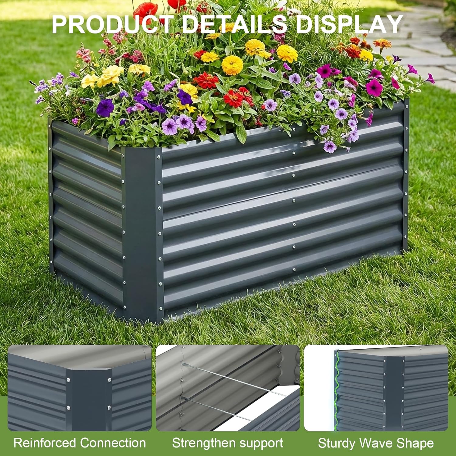 4x2x1.86ft Raised Garden Bed - Galvanized Deep Root Planter Boxes Outdoor with Wing Nuts and Safety Edges for Gardening Vegetables, Flowers, Herbs, Succulents - Gray