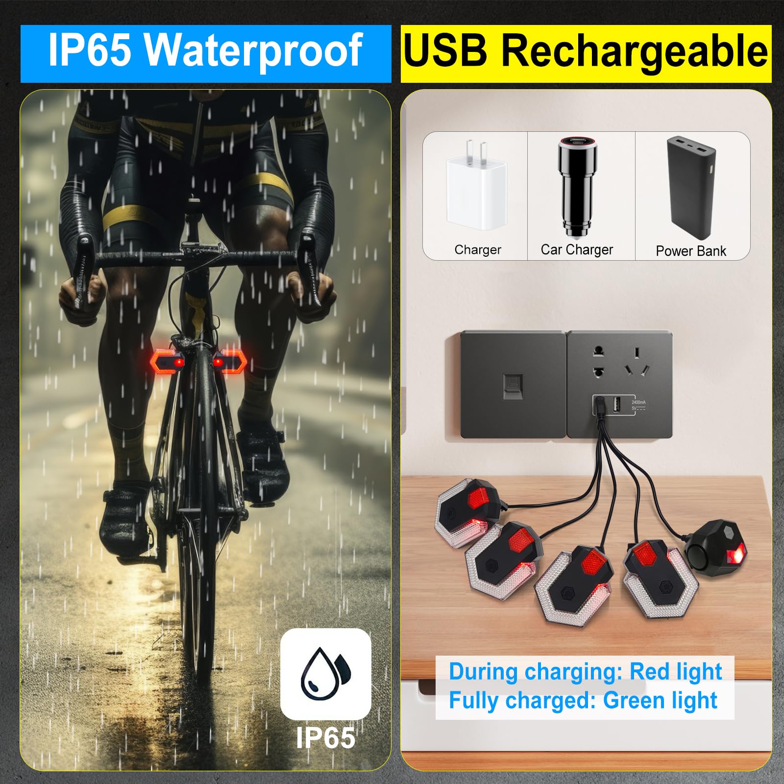 Antfire Feu arrière de vélo rechargeable par USB, clignotants avant et arrière, sans fil, étanche, avec klaxon de 120 dB pour