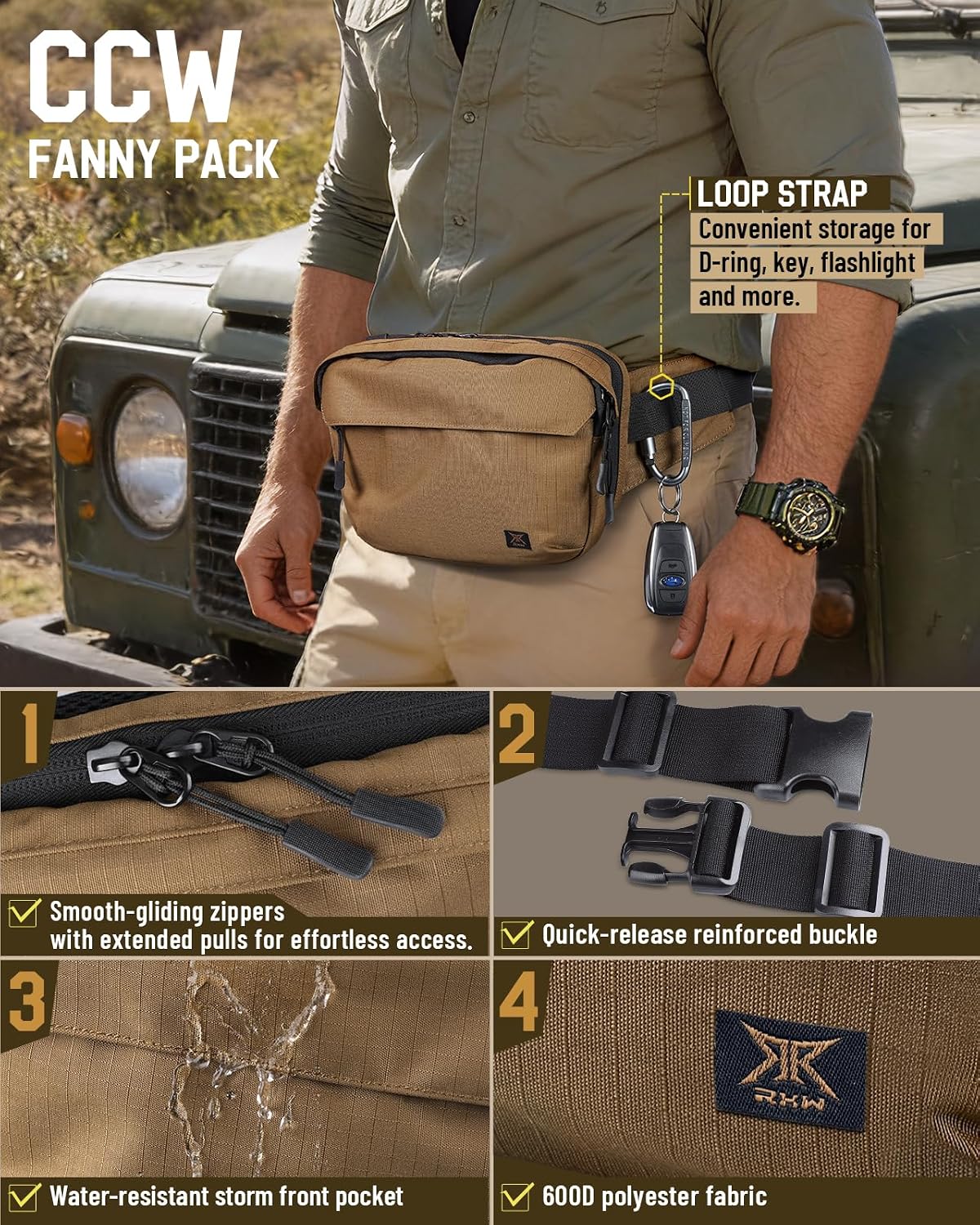 Large Tactical CCW Fanny Pack for Men Women, Security Carry EDC Crossbody Bag, Anti Theft Waist Bag for Hiking Hunting Running (Adjustable Up to 57" Waist, Includes 1 Holster)