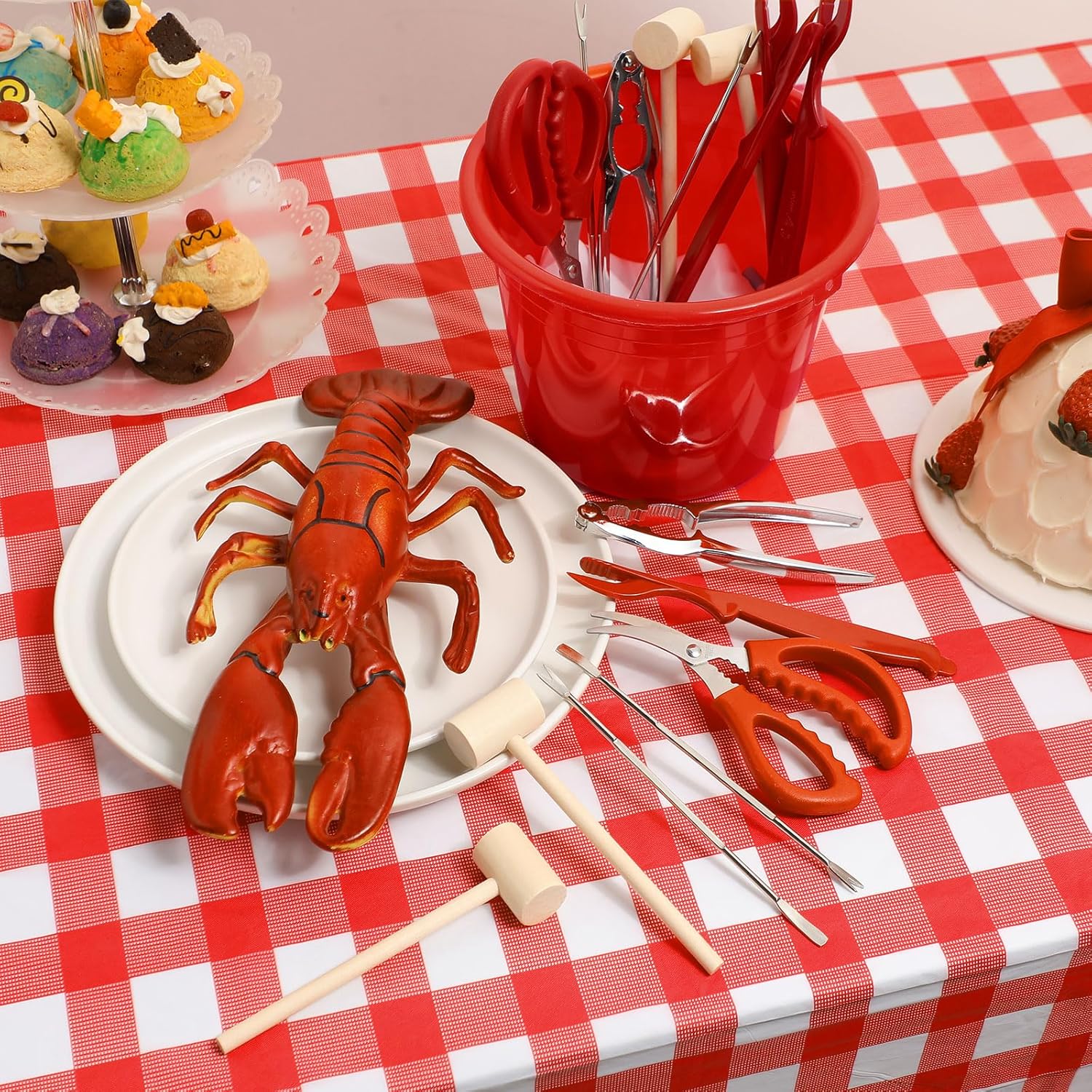40 Pcs Seafood Tools Set Seafood Boil Party Supplies Crab Crackers Scissors Lobster Sheller Hammer Shellfish Forks Cracker Red Plastic Bucket for Lobster Crab Food New Year Party