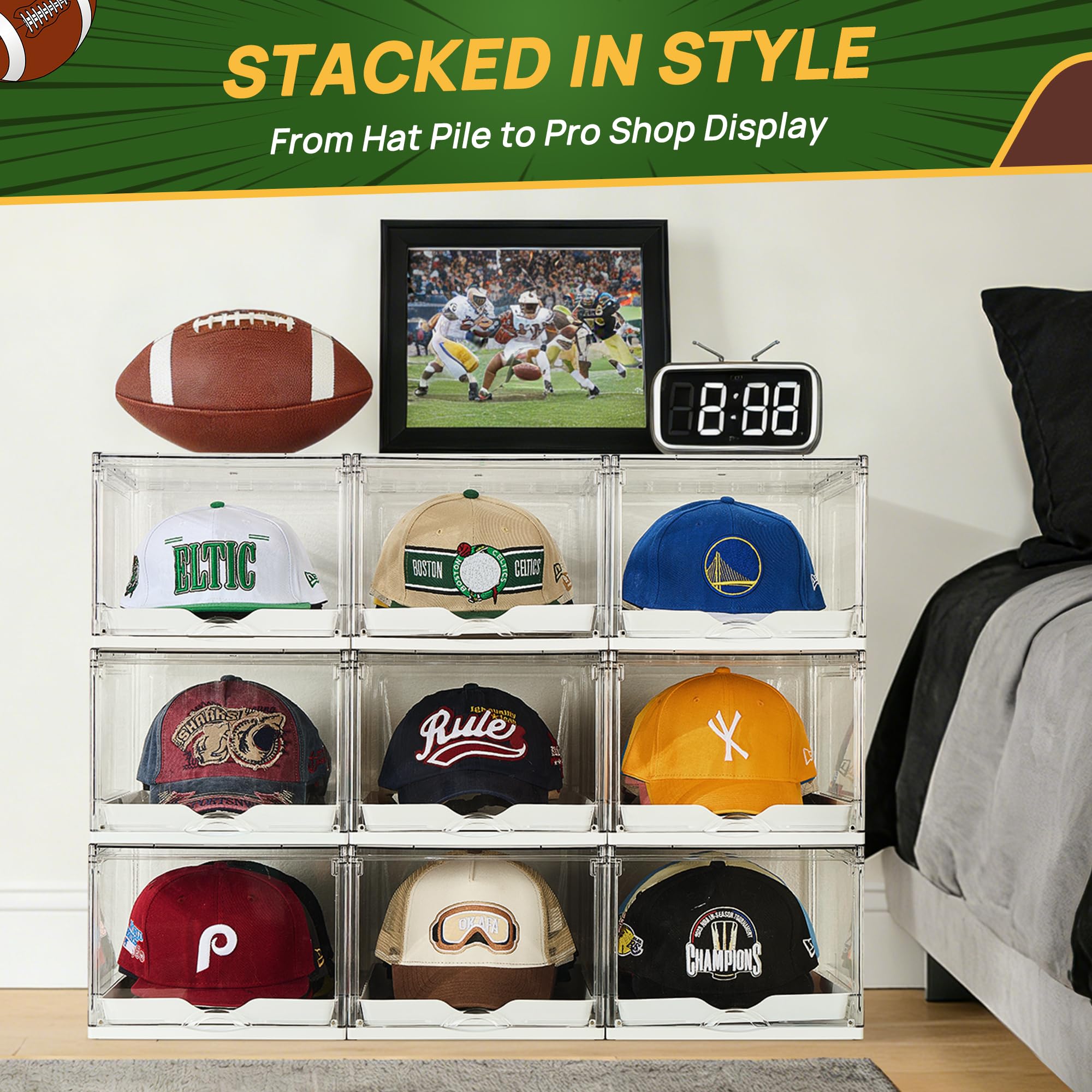 Vtopmart Confezione da 2 organizer per cappelli da baseball, scatola trasparente per cappelli con cassetto, grande contenitore per cappelli con vassoio scorrevole, espositore impilabile con porta