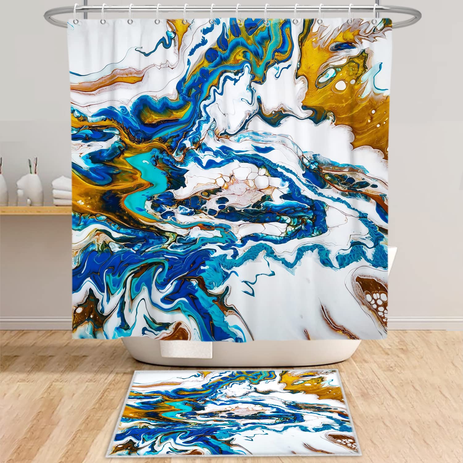 Bovlleetd 72x74inch Marble Shower Curtain Abstract Wave Bathroom Curtain Blue White Gold Gradient Shower Curtains Waterproof Bathtub Curtain for Bathroom Decoration โ image 1
