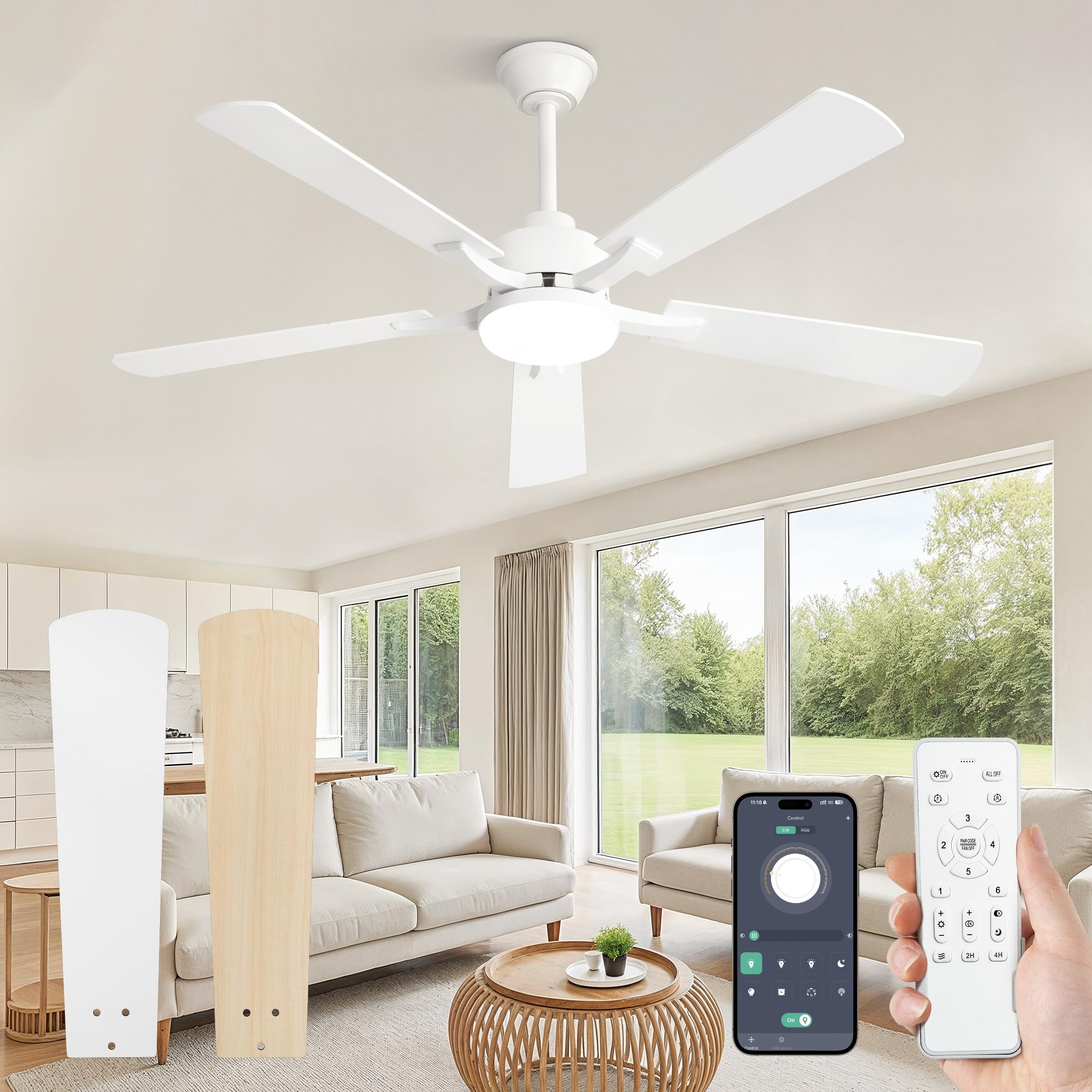 ZMISHIBO Silent Ceiling Fan, Ø132 cm Ceiling Fan with Light Control by Remote Control/APP,6 Speeds, 3 Colour Temperatures, Reversible DC Motor