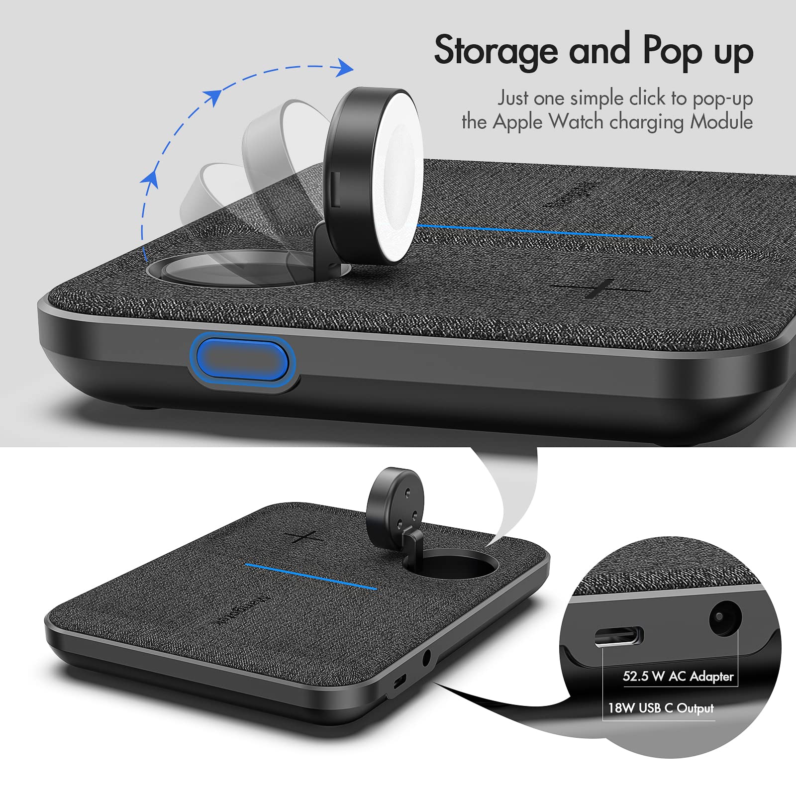 Mangotek Caricabatterie wireless Stazione di ricarica per iPhone e orologi, 4 in 1 iWatch e AirPods Dispositivi multipli per ricarica rapida Tappetino Dock per iPhone 13 12 11 Pro Max 7 8 SE X XS XR