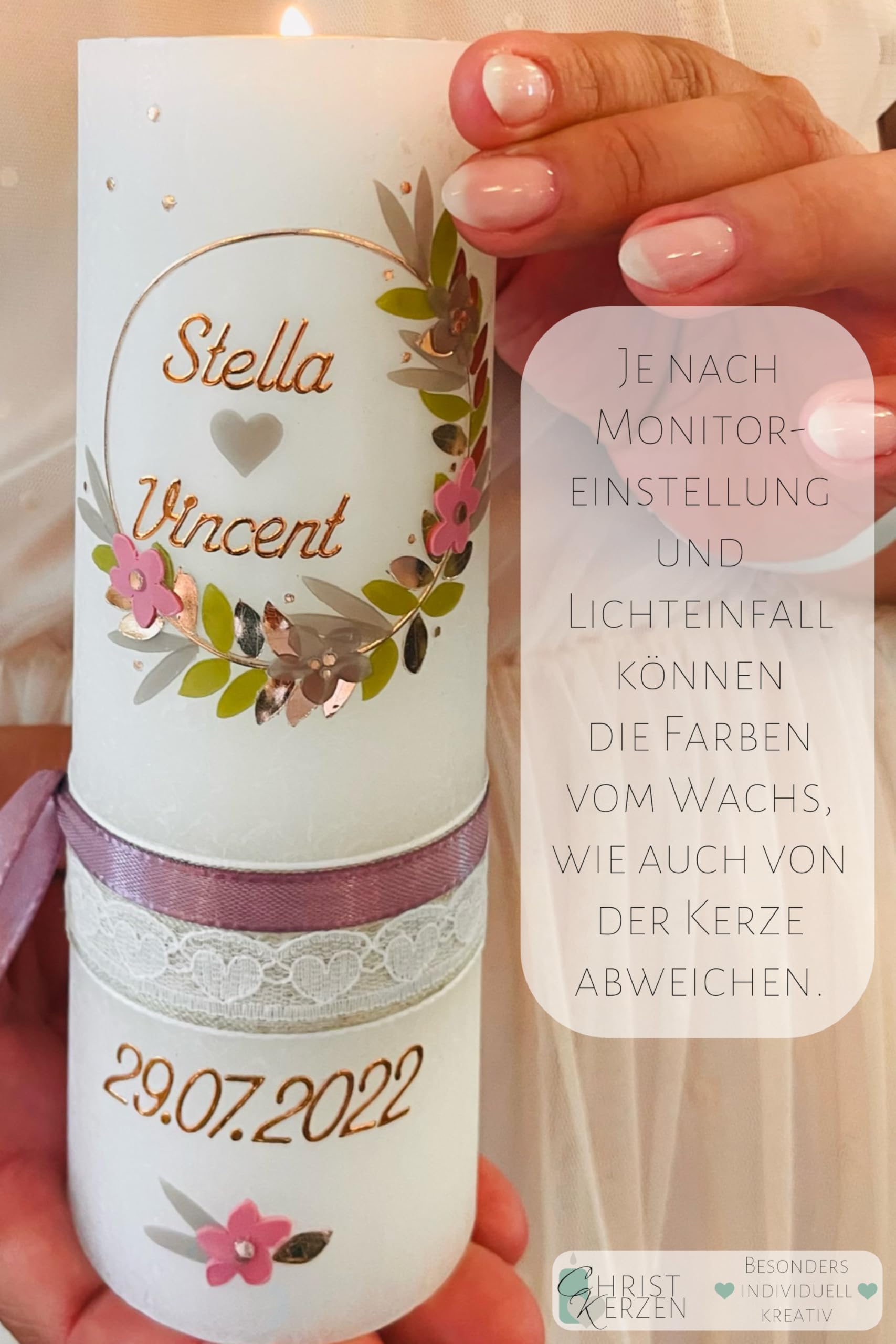 Hochzeitskerze Cassandra und Henrik mit echtem Holz mit Name und Datum, individuell und handverziert 2528