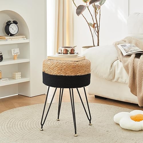 Miniatura 8 de Taburete de maquillaje de tocador, taburete otomano de pasto natural tejido a mano, taburete moderno multifuncional, taburete de tocador con