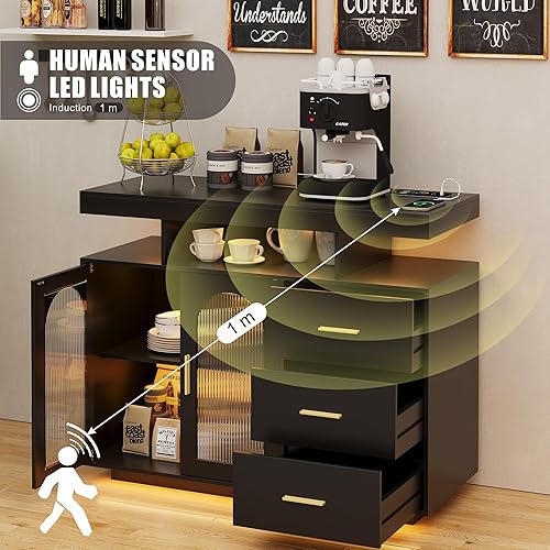 Miniatura 6 de HWB Gabinete de barra de café LED RGB Gabinete de almacenamiento de cocina y aparador de buffet - Mesa de café de madera con capacidad de estante