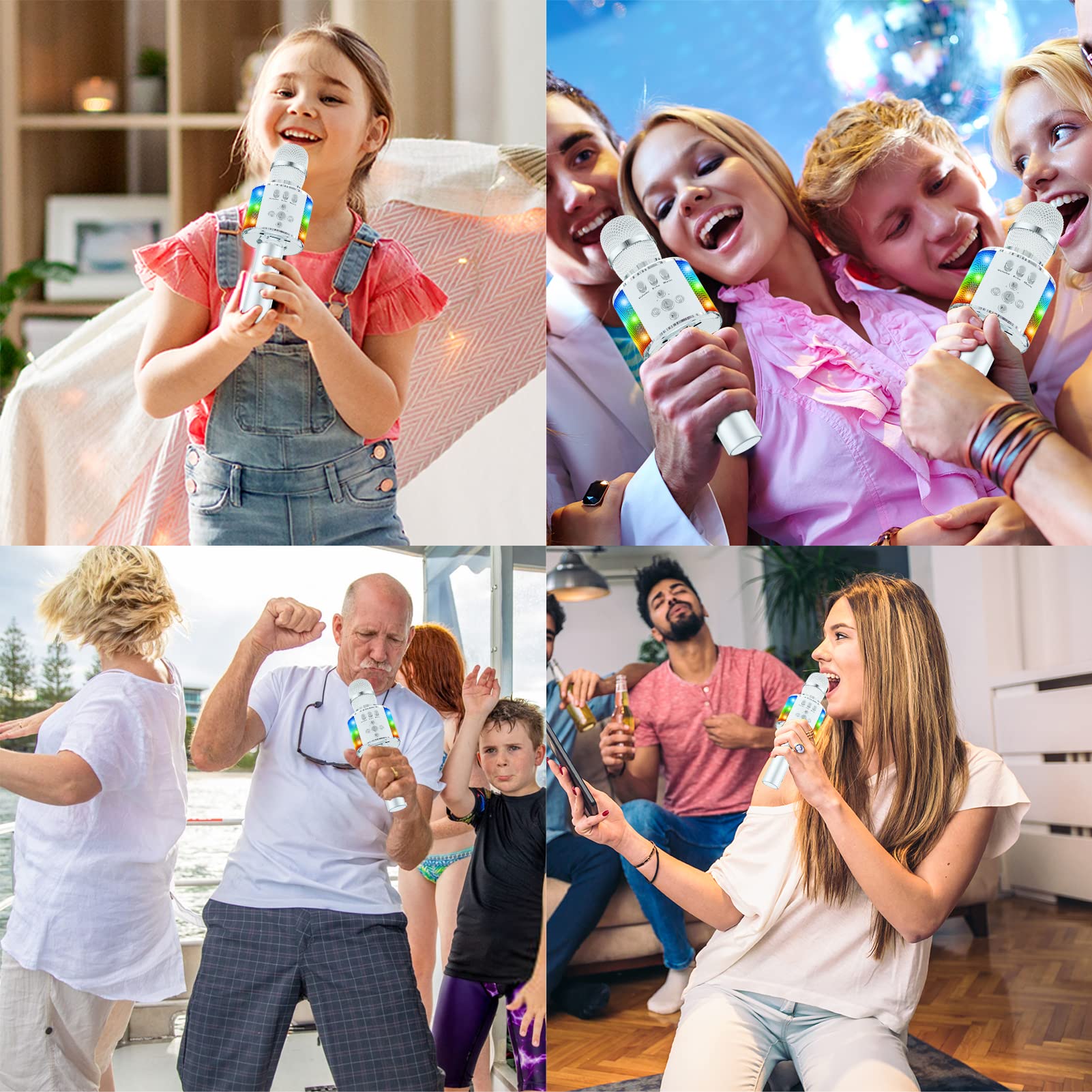 BONAOK Wireless Bluetooth Karaoke Microphone with Controllable LED Lights, 4-in-1 Portable Handheld Mic Speaker for All Smartphones, Birthday for Kids Adults All Age Q78 (Silver)