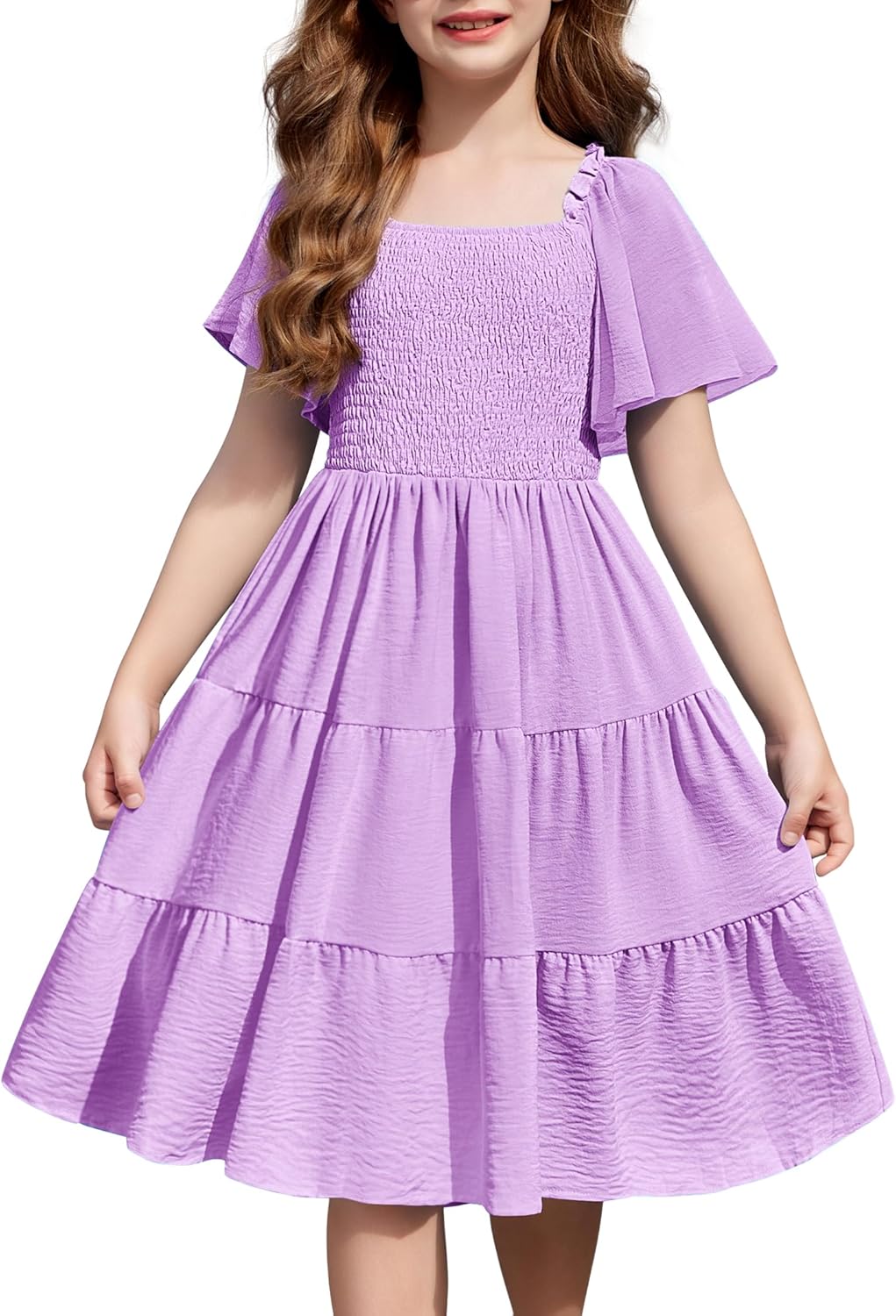 Arshiner Girls Summer Dress Tween Boho Casual Smocked Swing Flowy Ruffle Midi Dresses with Pockets