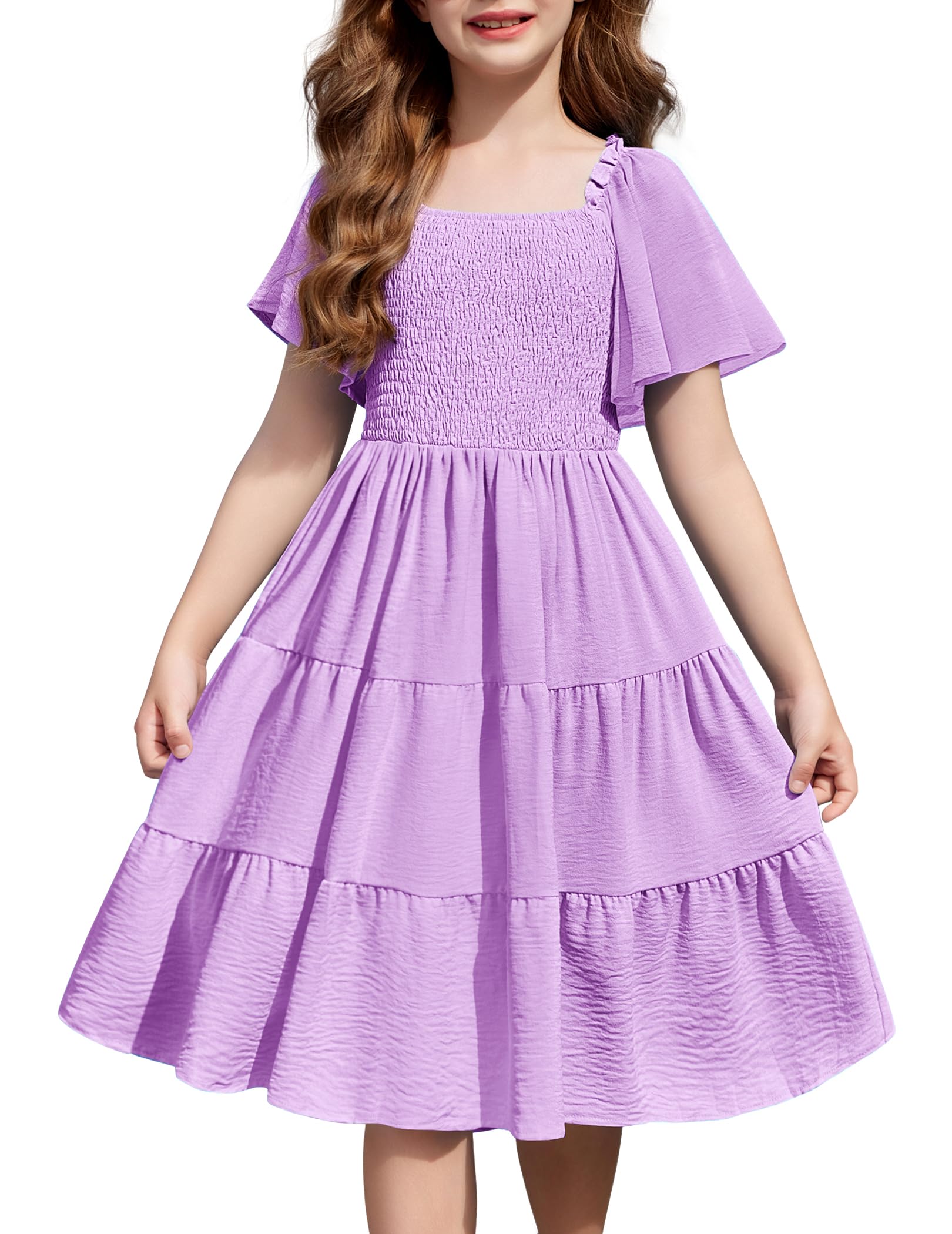 Arshiner Girls Summer Dress Tween Boho Casual Smocked Swing Flowy Ruffle Midi Dresses with Pockets