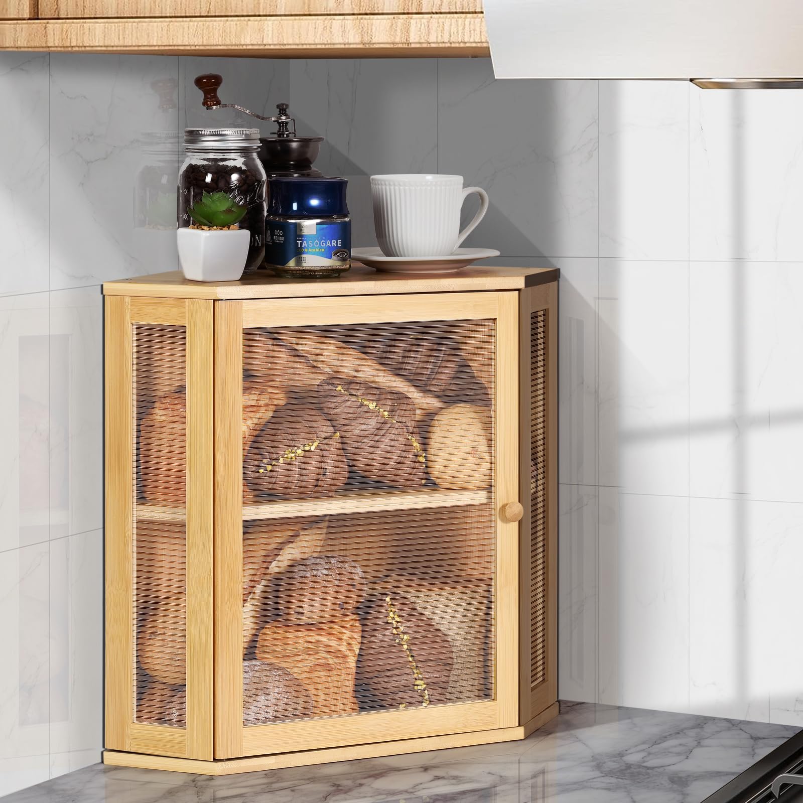 Caja de pan, contenedor de pan de bambú, contenedores de almacenamiento de doble capa de gran capacidad, caja de pan para encimera de cocina, protector de pan con panel de puerta ondulado
