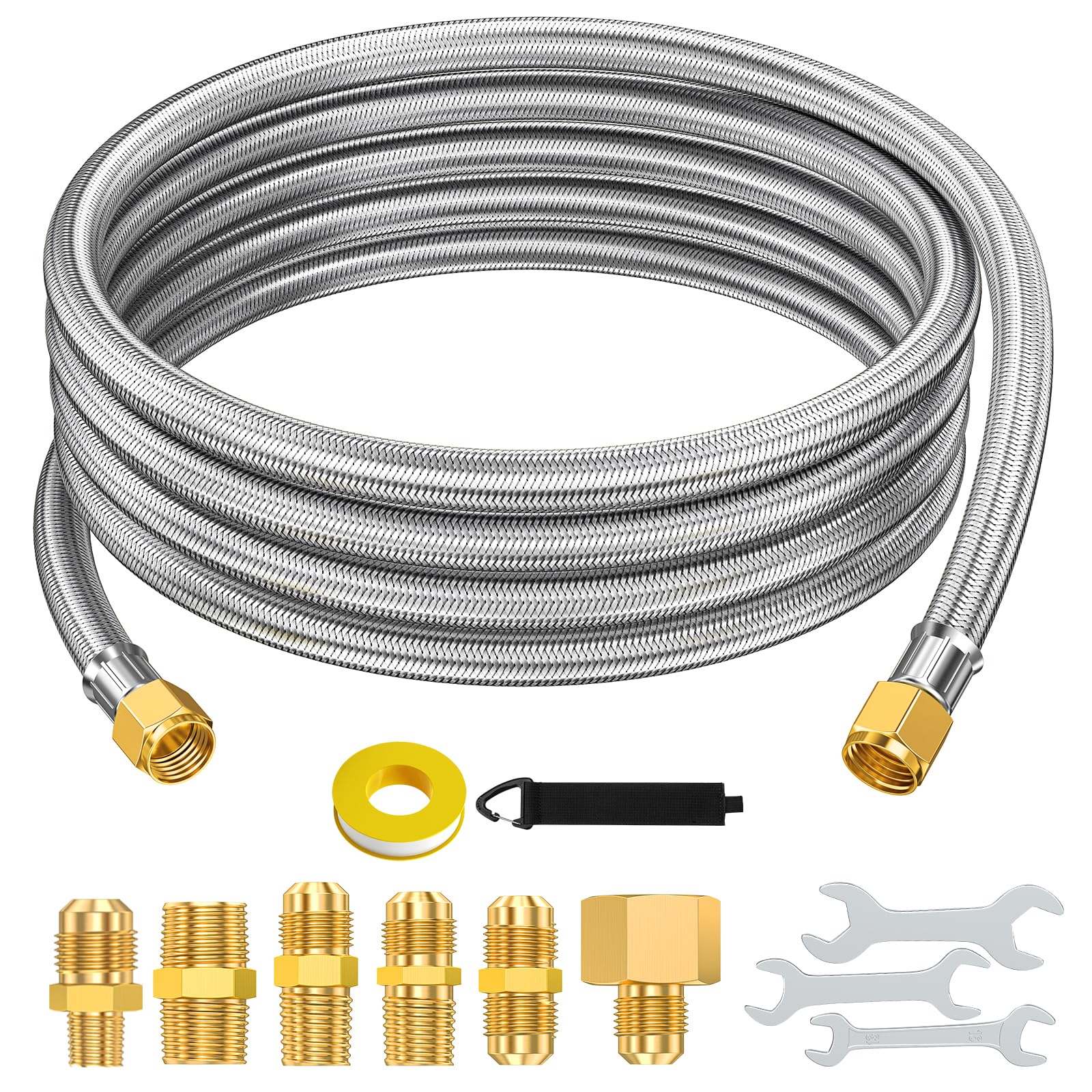 Photo 1 of 12ft Propane Hose Extension for Propane Appliances Equipped with 3/8" Male Flare - with 6 Adapters 1/8" 3/8" 1/2" 1/4" NPT Male, for Gas Grill, RV Application, Heater, Burner, etc. Flexible and Sturdy