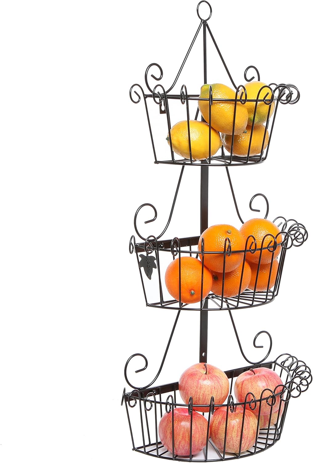 MyGift Hanging Fruit Basket and Produce Vegetable Storage Rack, 3 Tier Black Metal Scrollwork Wall Mounted Sturdy Baskets for Kitchen or Pantry