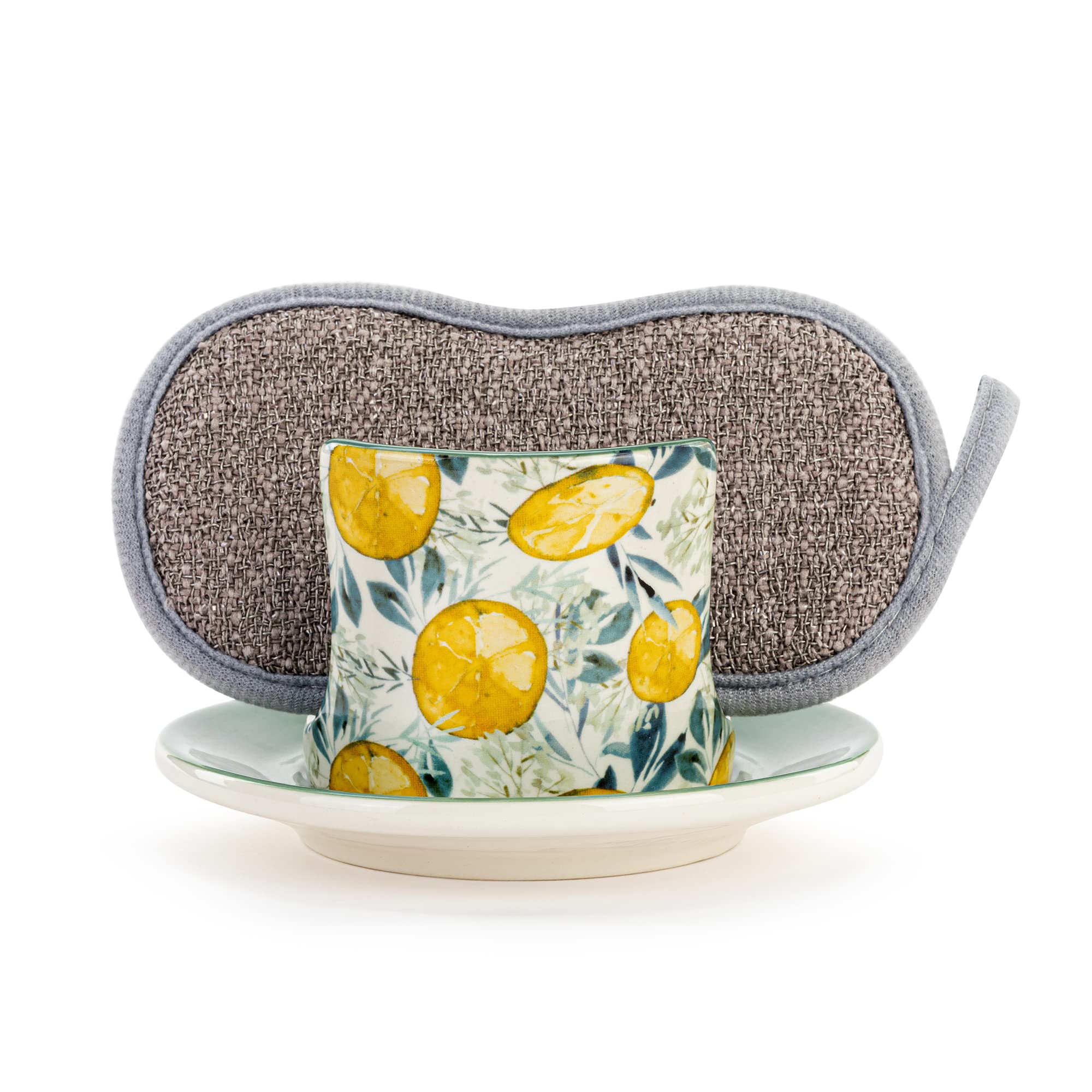 DEMDACO Juicy Yellow Lemon Pattern 6 x 3.5 Stoneware Kitchen Soap Dish with Sponge