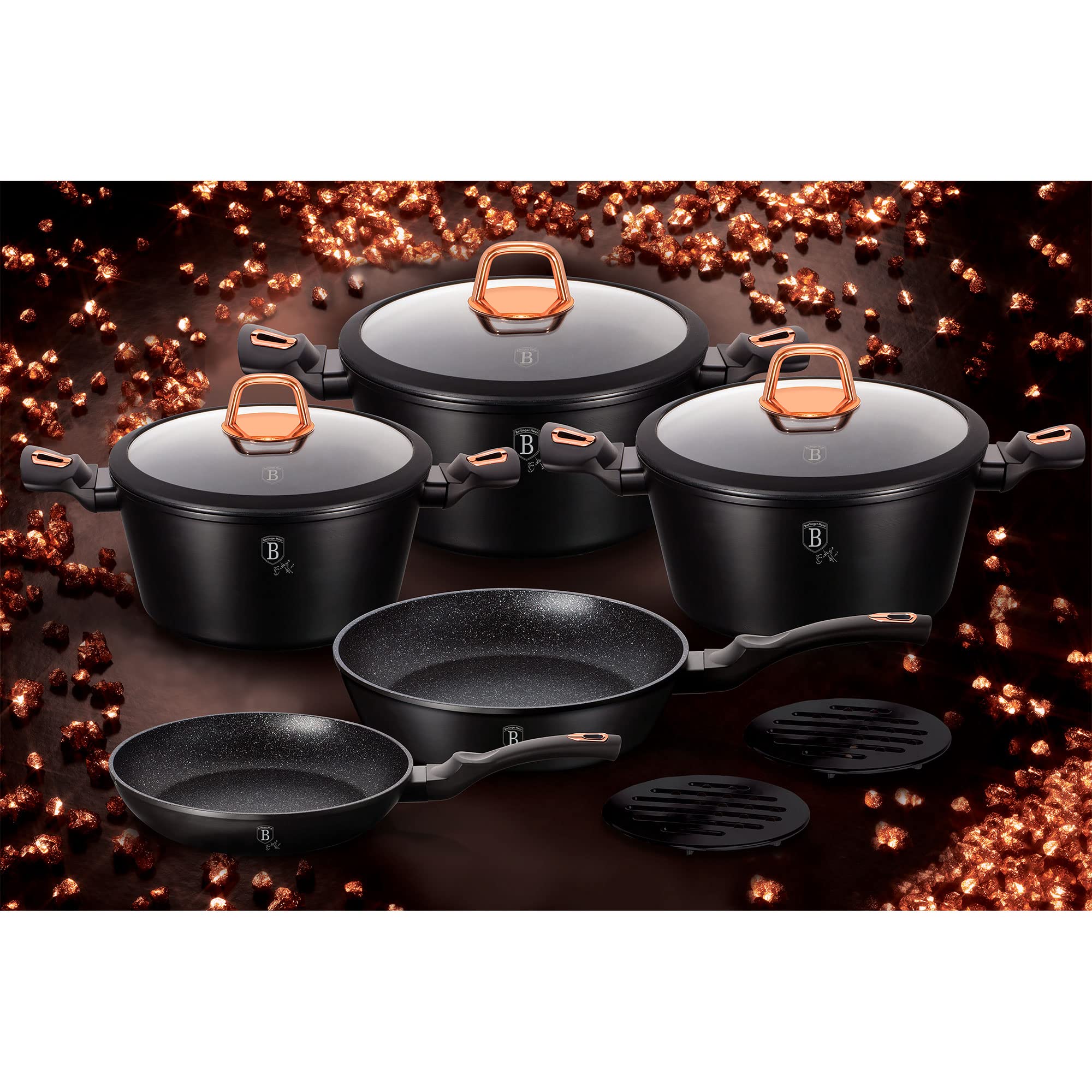Berlinger Haus Black Rose Set van 2 pannen en grill, 20/24/28 cm, gesmeed aluminium, ecologische antiaanbaklaag, marmer zonder PFOA, elegant design