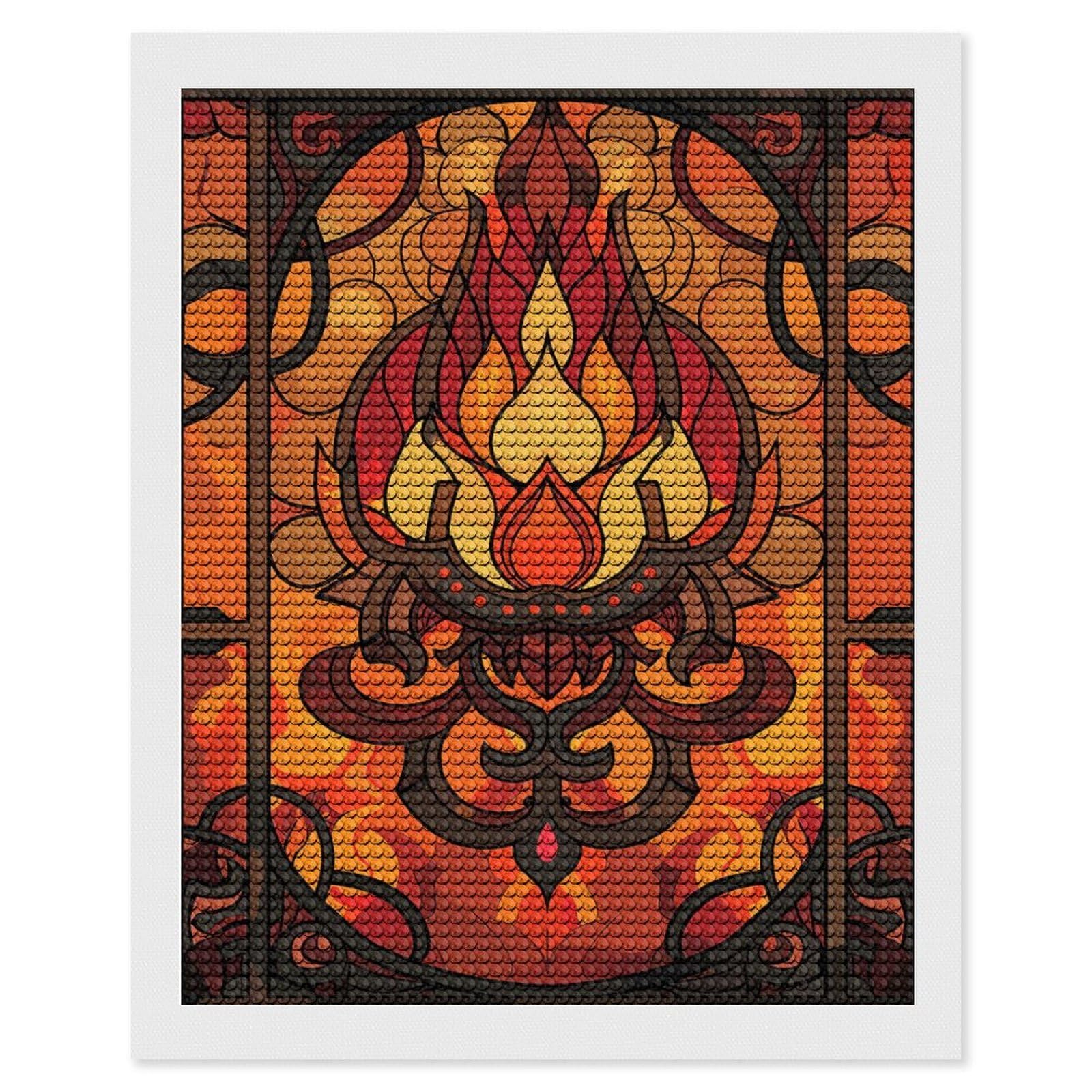Junmoney Stained Glass Fire Lotus Design Diamond Painting Canvas Set 16"x20", with Tool Kit, Easy to Enjoy, Home Wall Decor, Thoughtful Handmade Gift