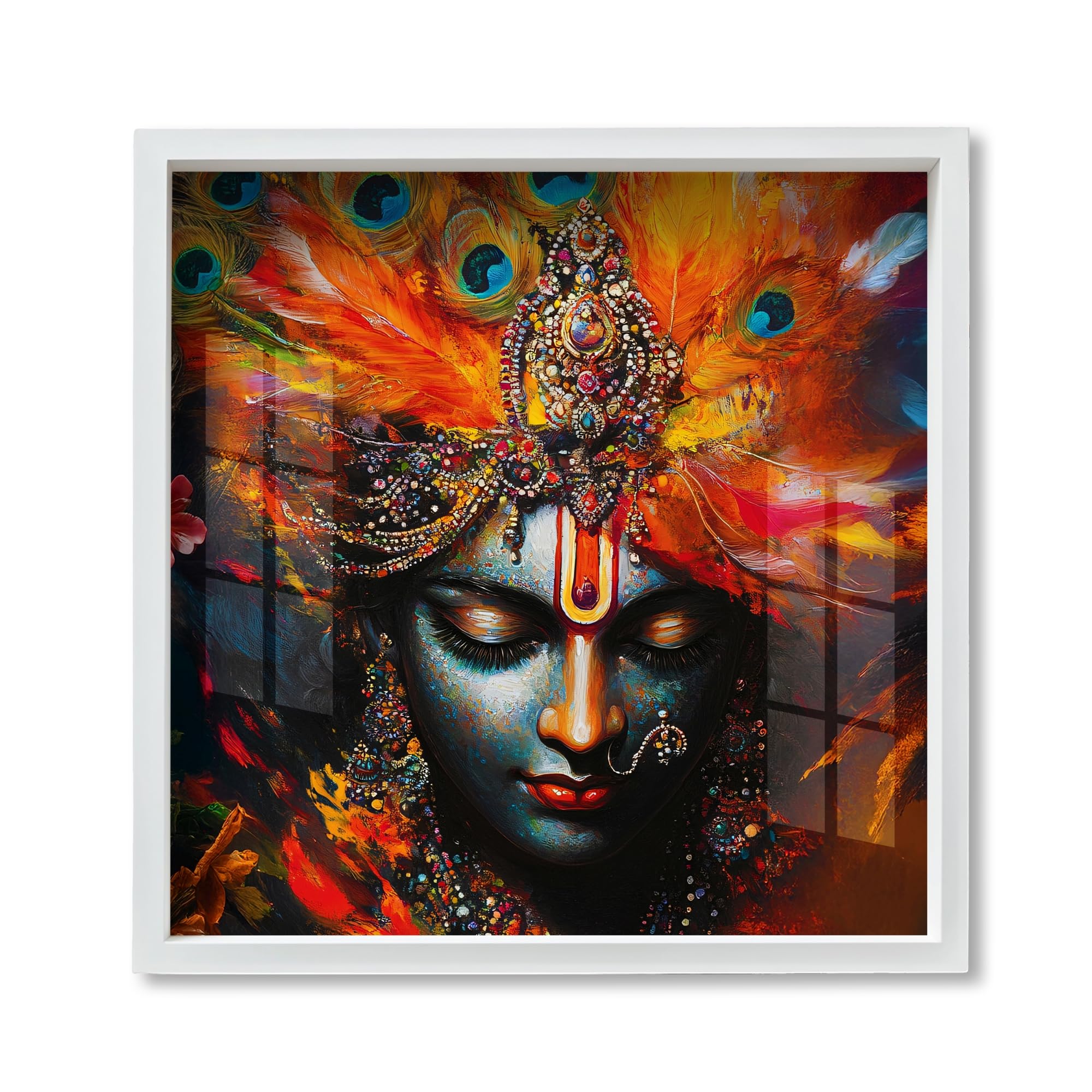 FIVE KRAFT Krishna Wall Art Peacock Feathers | Spiritual Acrylic Painting with Frame | Divine Hindu God Home Temple Decor for Living Room| 12X12 Inch