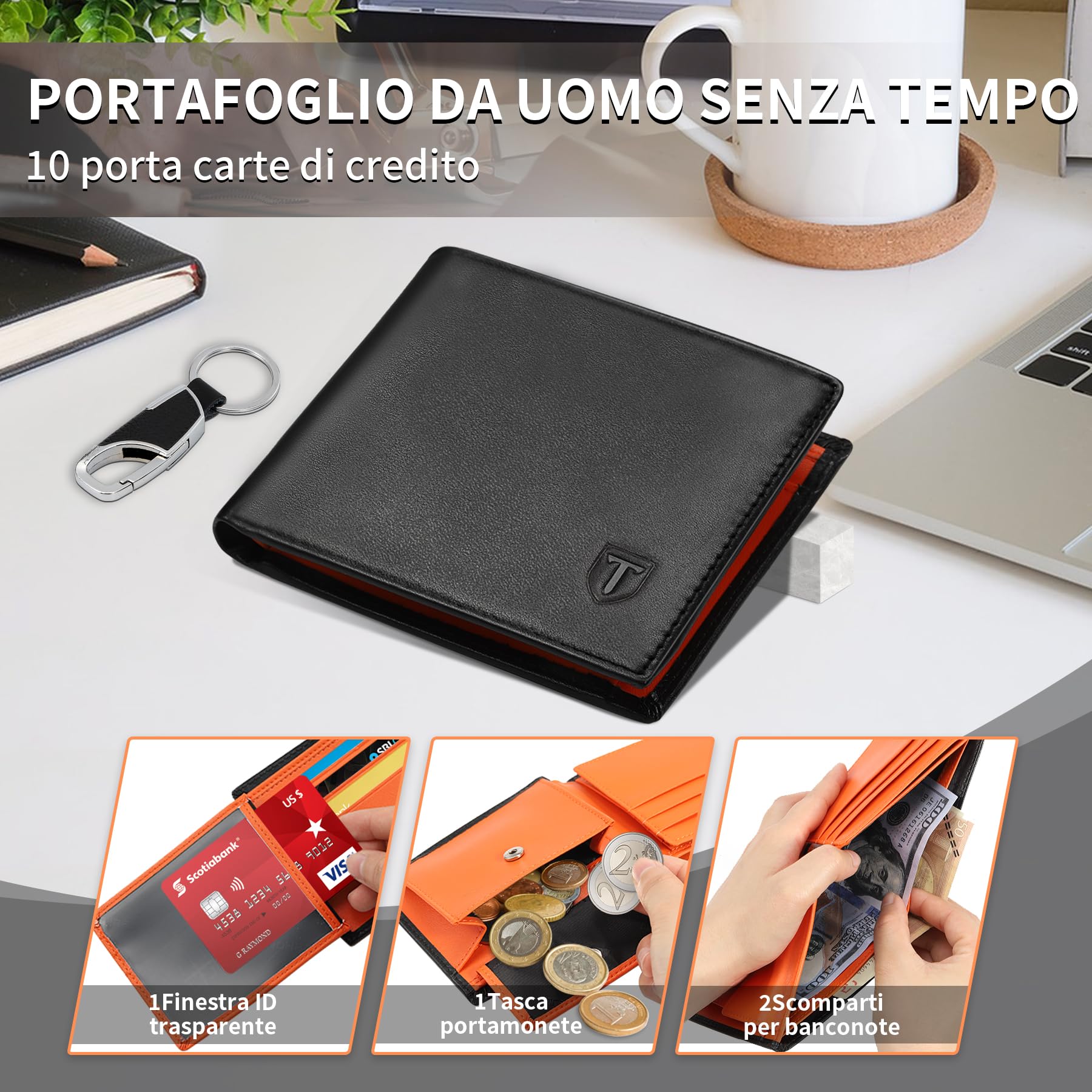 TEEHON® Portafoglio Uomo Slim Vera Pelle Blocco RFID, con Tasca Portamonete,2 Scomparti Banconote,10 Porta Carte di Credito, Portachiavi. Portafogli Piccolo Sottile-nero e arancione