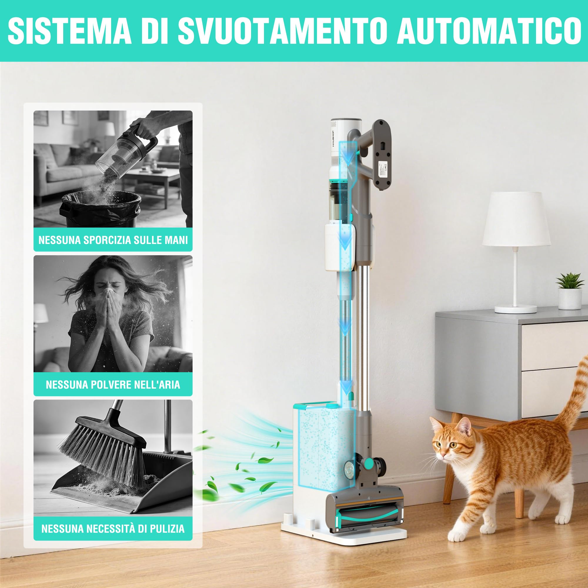 HAUSHOF Aspirapolvere Senza Fili con Stazione, Potenza di 250W e 24kPa – Aspiratore Verticale 3 in 1 con Modalità Notturna, Profumo Integrato, Spazzola a V e LED Verde, Ideale per Casa