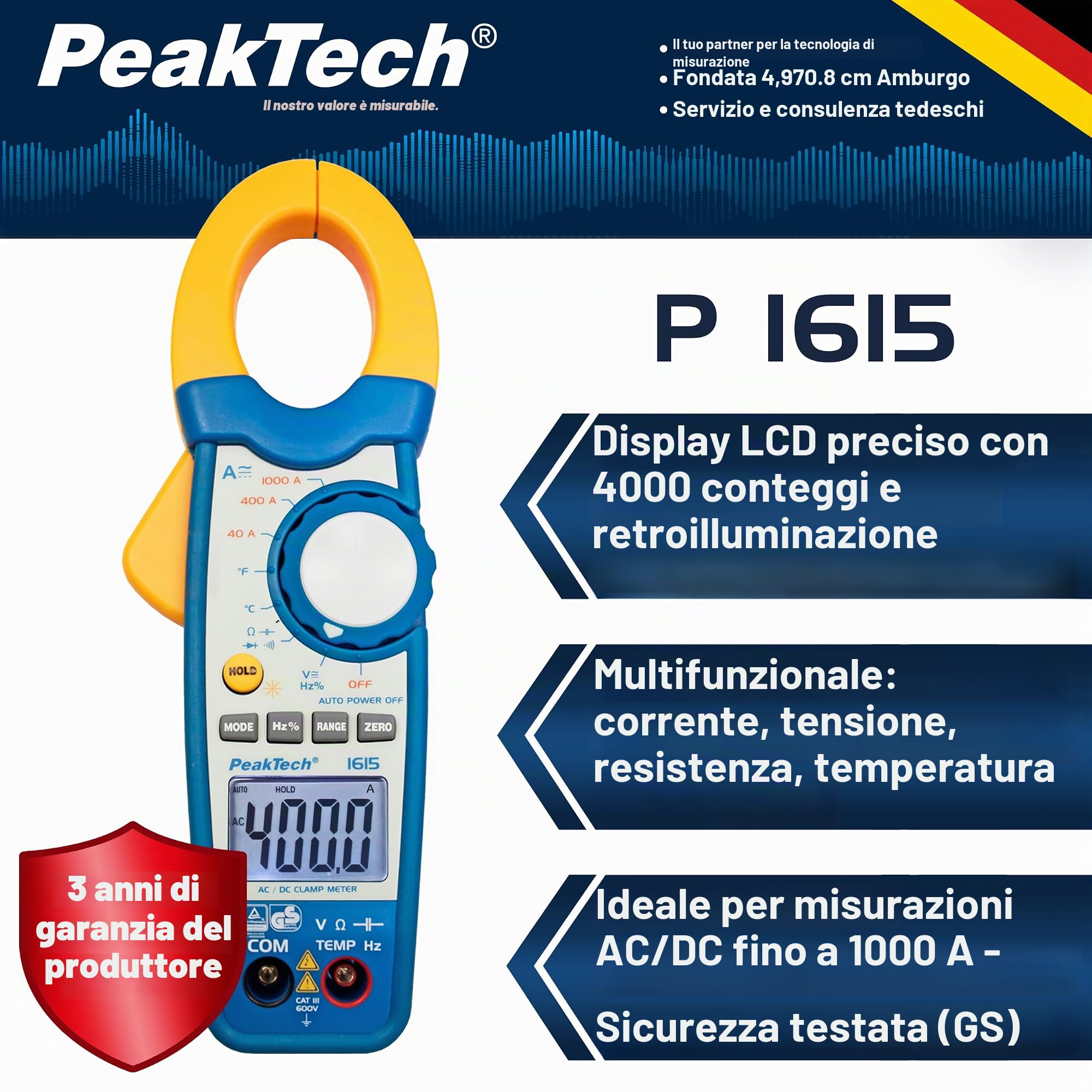 Peaktech P 1615 – Pinza Ac/Dc 1000A, Multimetro a Pinza, Tüv/Gs, Cat Iii, Pinza Amperometrica, 4000 Conteggi, Voltmetro senza Contatto, Amperometro, Tester di Continuità - Max. 600 V