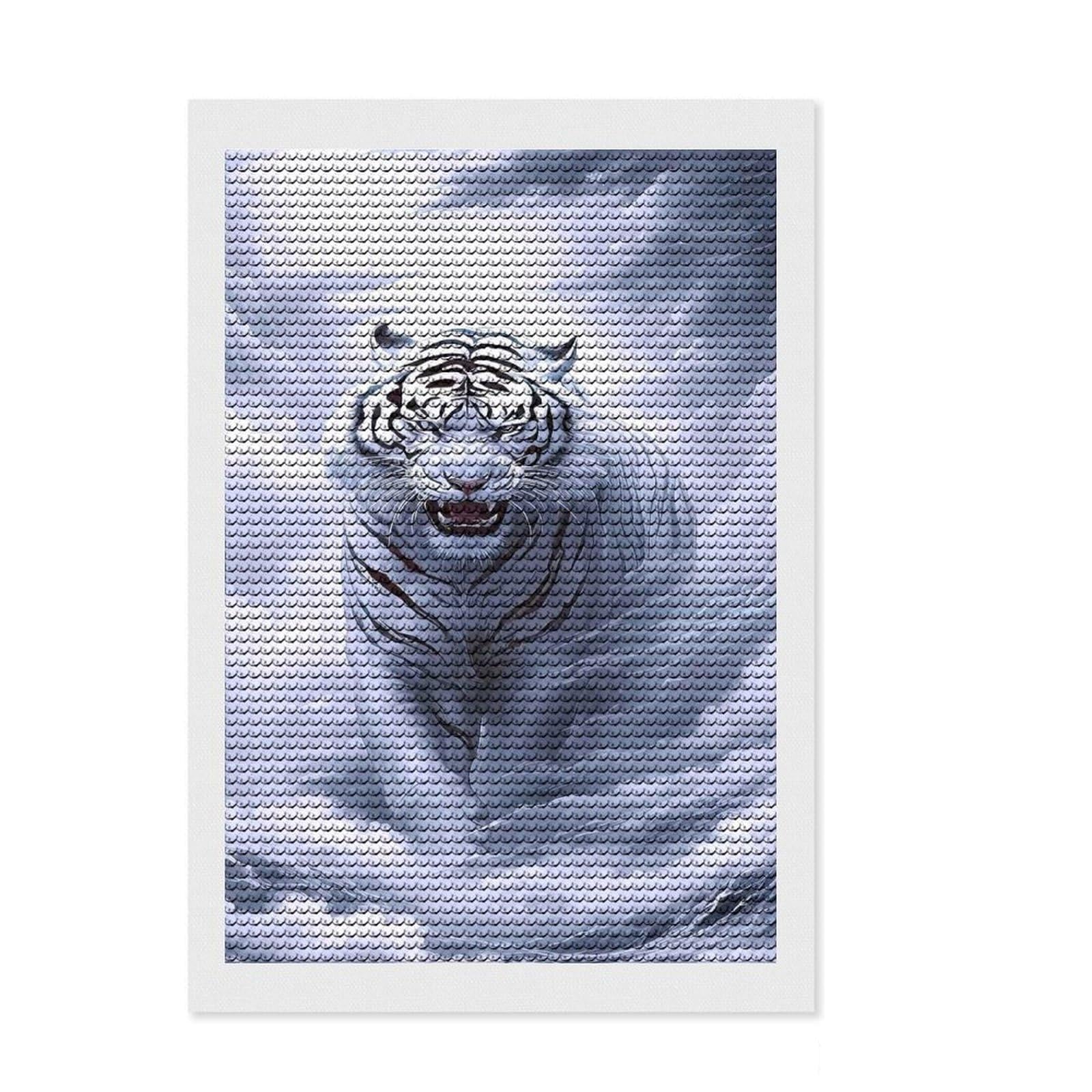 Junmoney White Tiger in Clouds 5D Diamond Painting Kit 8"x12", Round Gems, Aesthetic Room Decor, Seasonal Gift Choice, Gift Idea, Leisure Activity