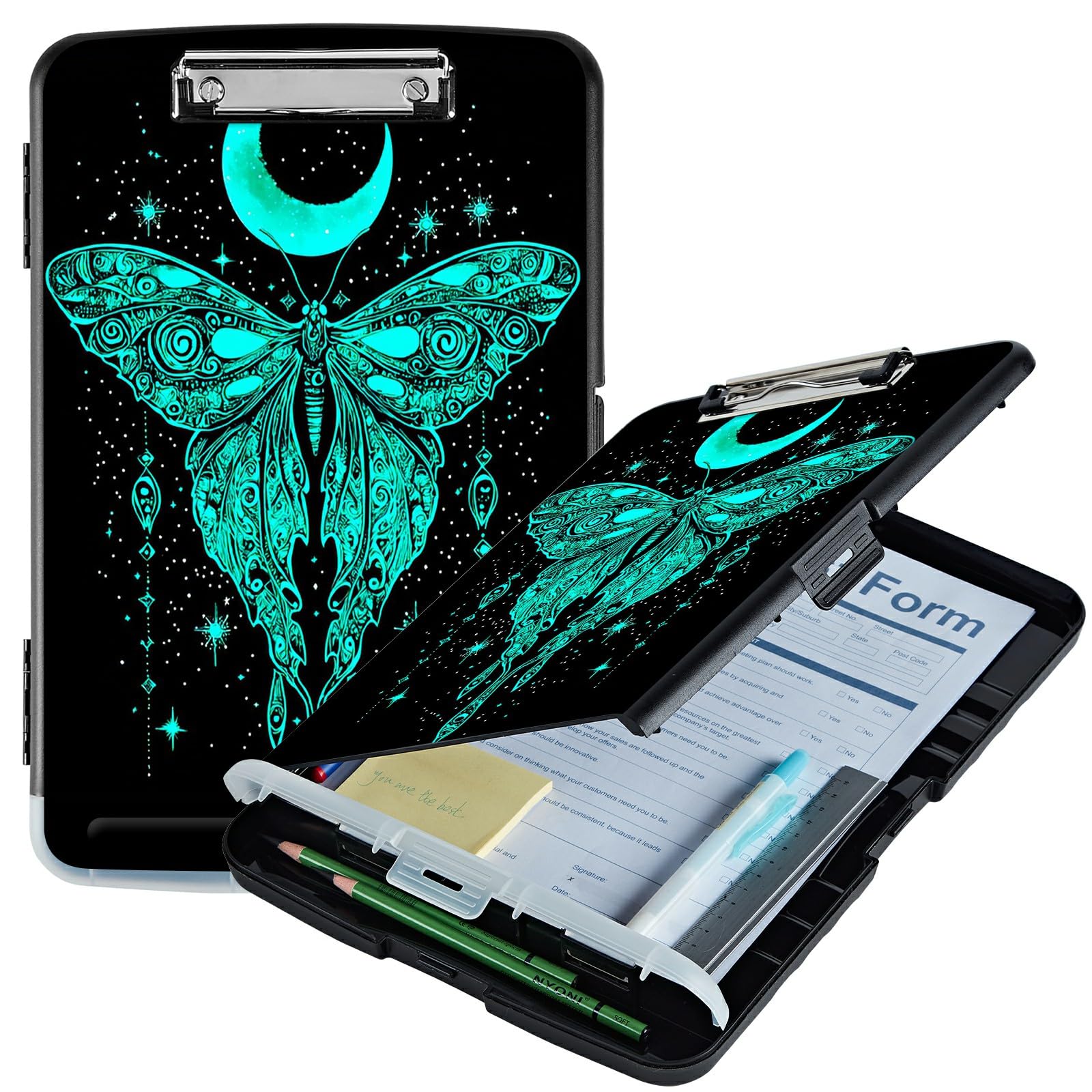 RWUTYTIUL Green Butterfly Moon A4 Clipboard with Storage Pen Holder, Clipboards Organizer Nursing Clipboard Foldable File Folder Plastic Clipboard Folio Clip Board for Office Students Classroom