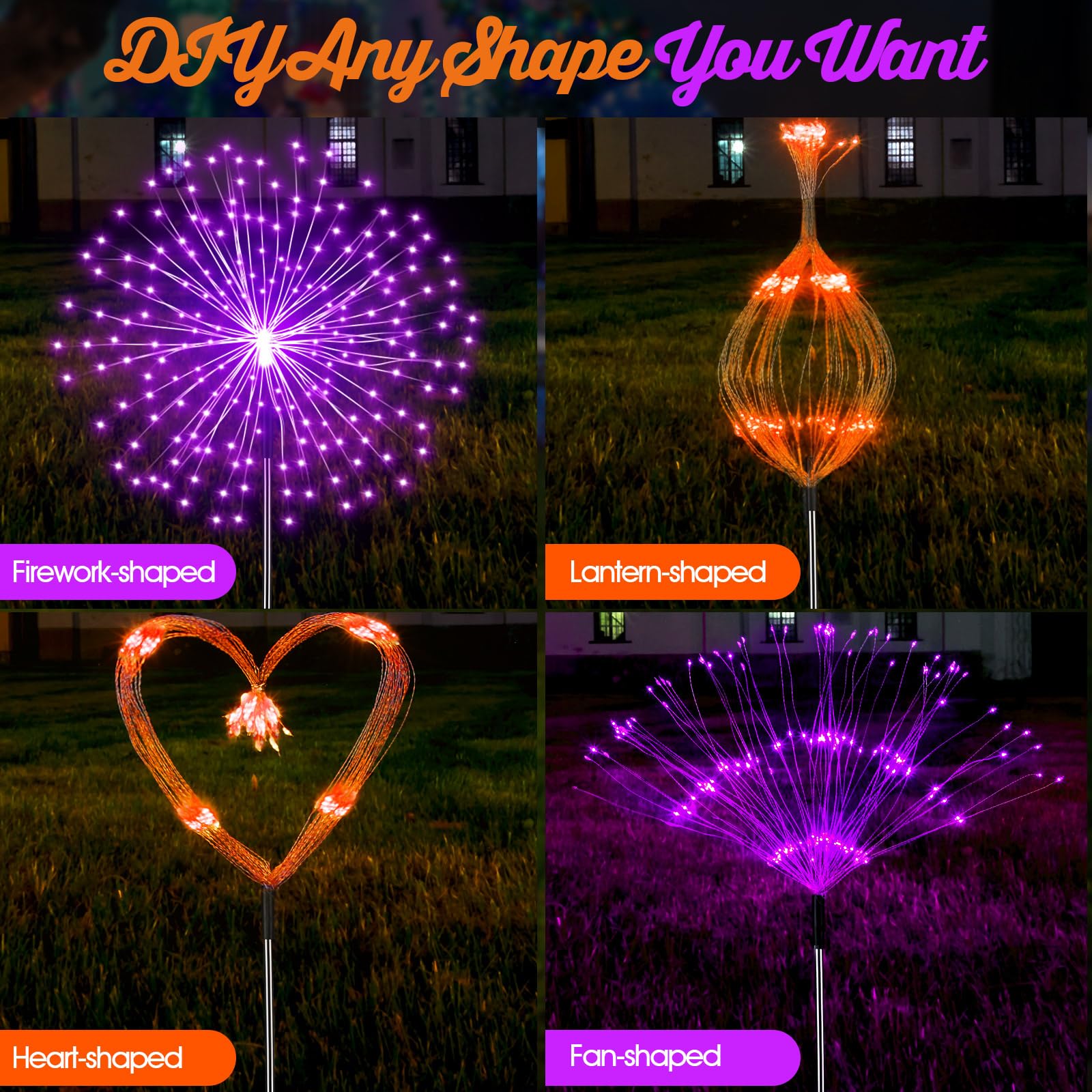 Tujoe Solar-Feuerwerk-Lichter, 180 LEDs, 8 Modi, wasserdicht, für den Außenbereich, Dekoration für Halloween, Weihnachten, Urlaub, Garten, Terrasse, Hof, Weg, Gehweg, Orange, Lila, 6 Stück