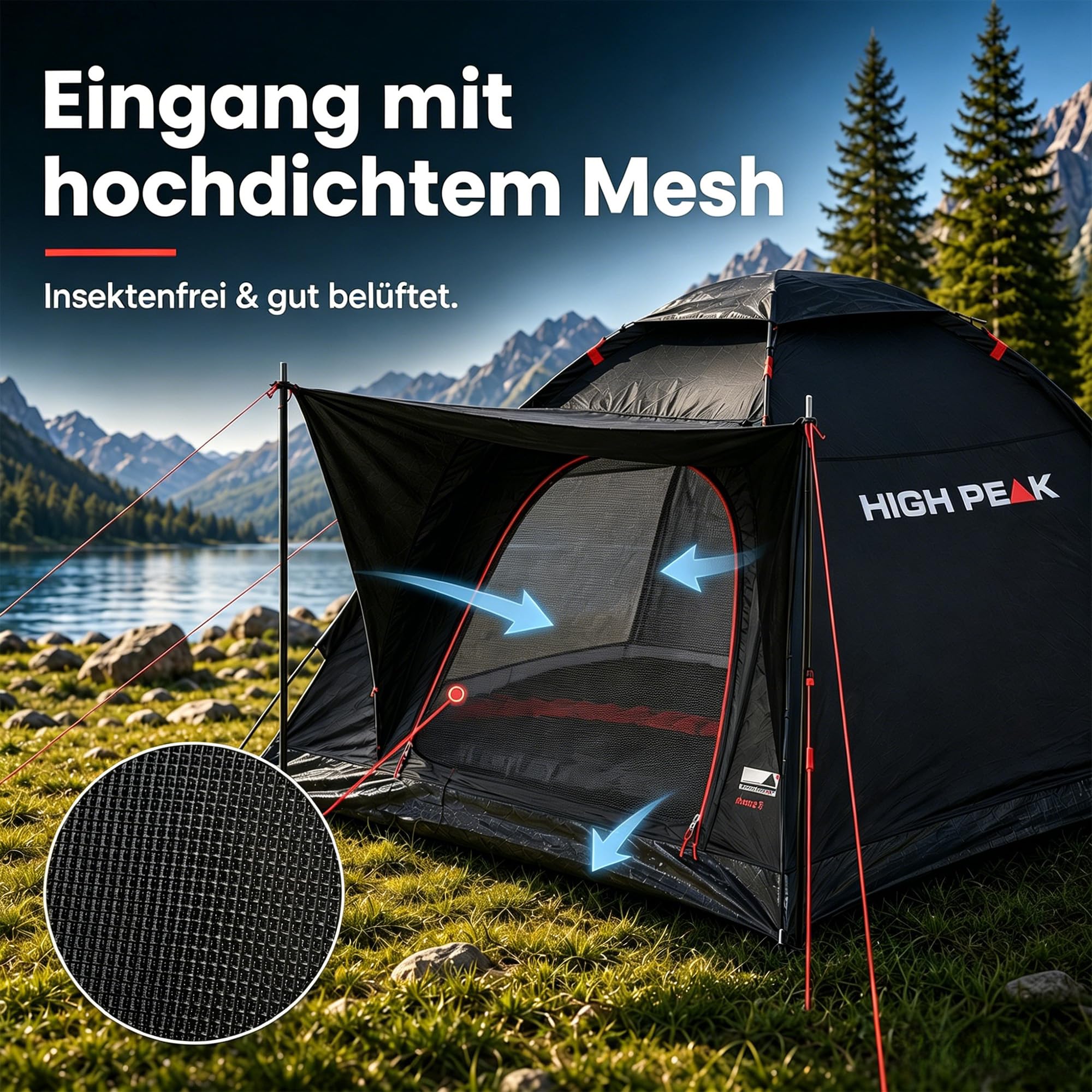 High Peak Kuppelzelt 3 Personen, leichtes Campingzelt mit offenem Vordach | 1500mm Wassersäule, Mesh-Eingang gegen Insekten, Dachbelüftung, 2,6kg, für Regenschutz, Festival, Wandern, Angeln, Reise