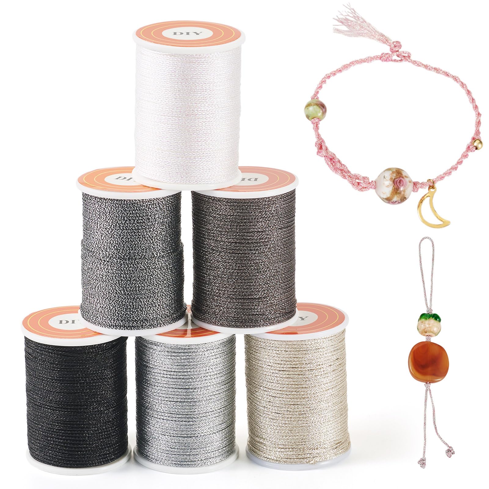 Spritewelry 42M 6Colors Polyester Metallic Thread 1mm Glitter Jewelry Braided Thread Beading String for Crafts Embroidery Friendship Bracelet Jewelry Making